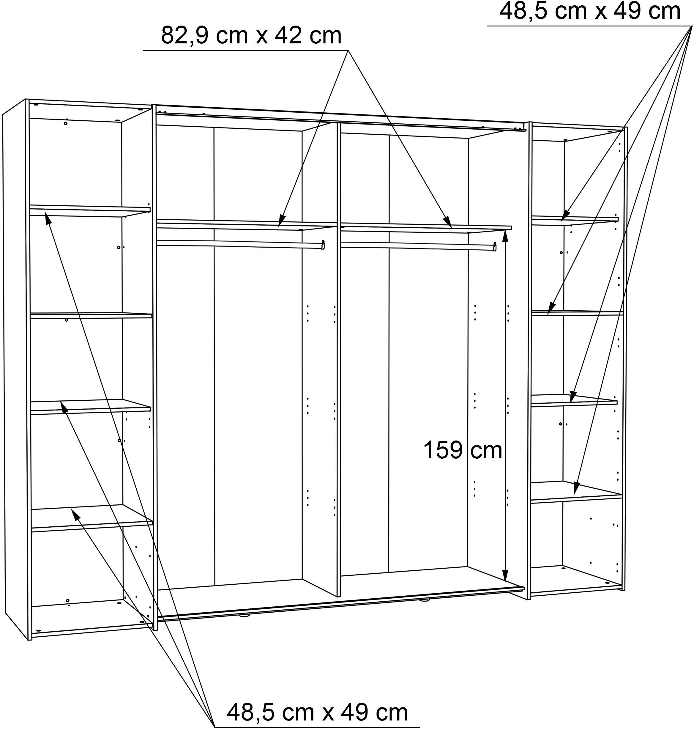 FORTE Armoires à vêtements »Narago, Kombischrank, modernes Design« L/H/P env. 270/210/61 cm, aussi avec équipement premium,  Combinaison de portes coulissantes avec portes latérales battantes, Fabriqué en Europe