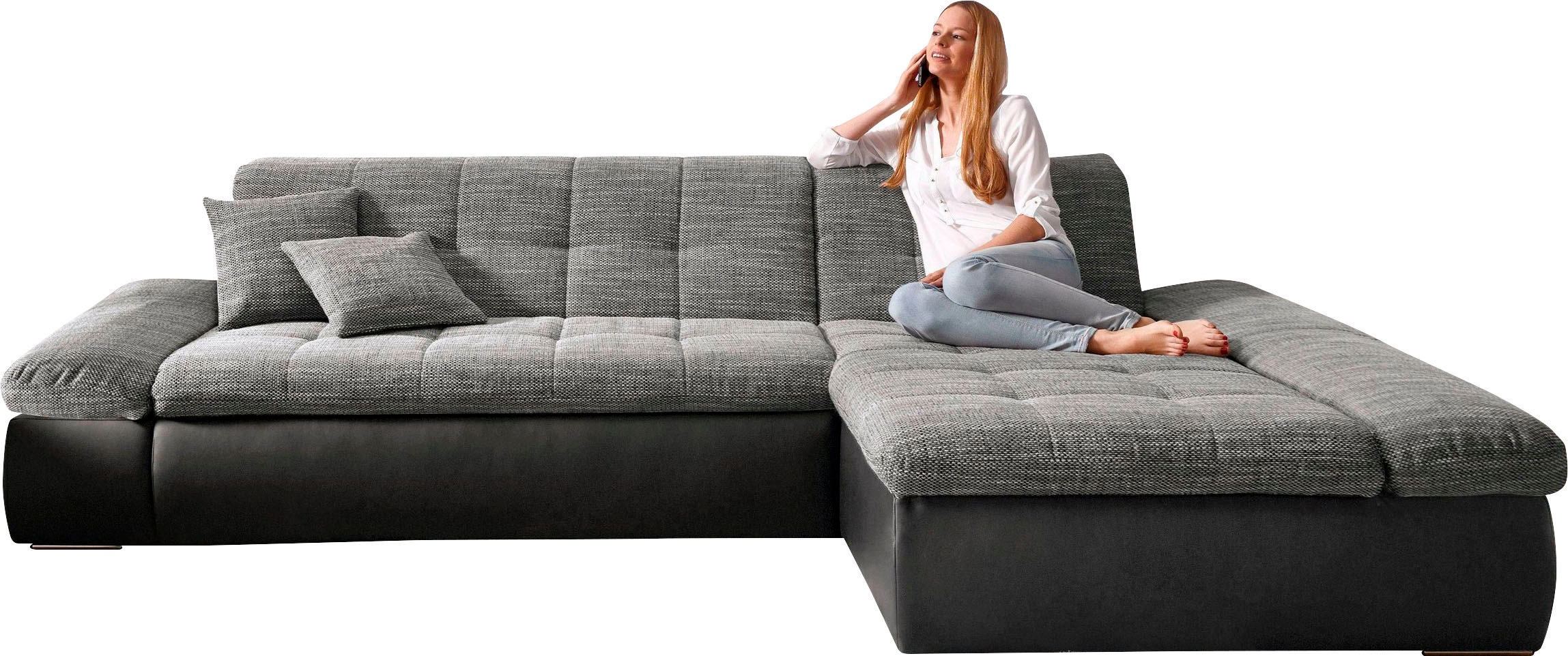 DOMO collection Ecksofa »Moric, L-Form, XXL-Sofa - Breite 300cm«, wahlweise mit Bettfunktion und Armteilverstellung. schwarz-weiss-grau