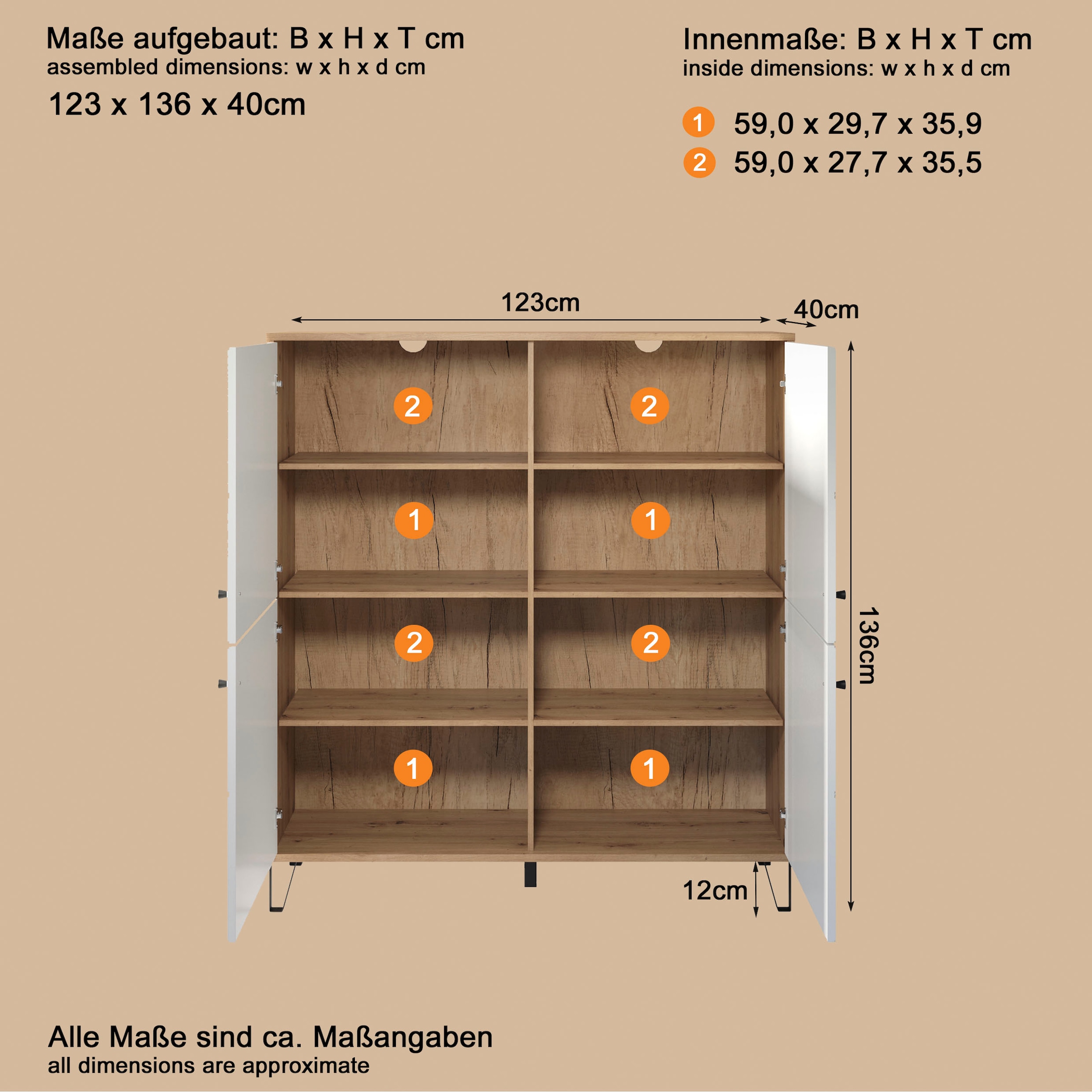 PLACES OF STYLE Buffet haut »Tarragona« Highboard mit 4 Türen & Soft-Close - (B/T/H) 123/40/136 cm