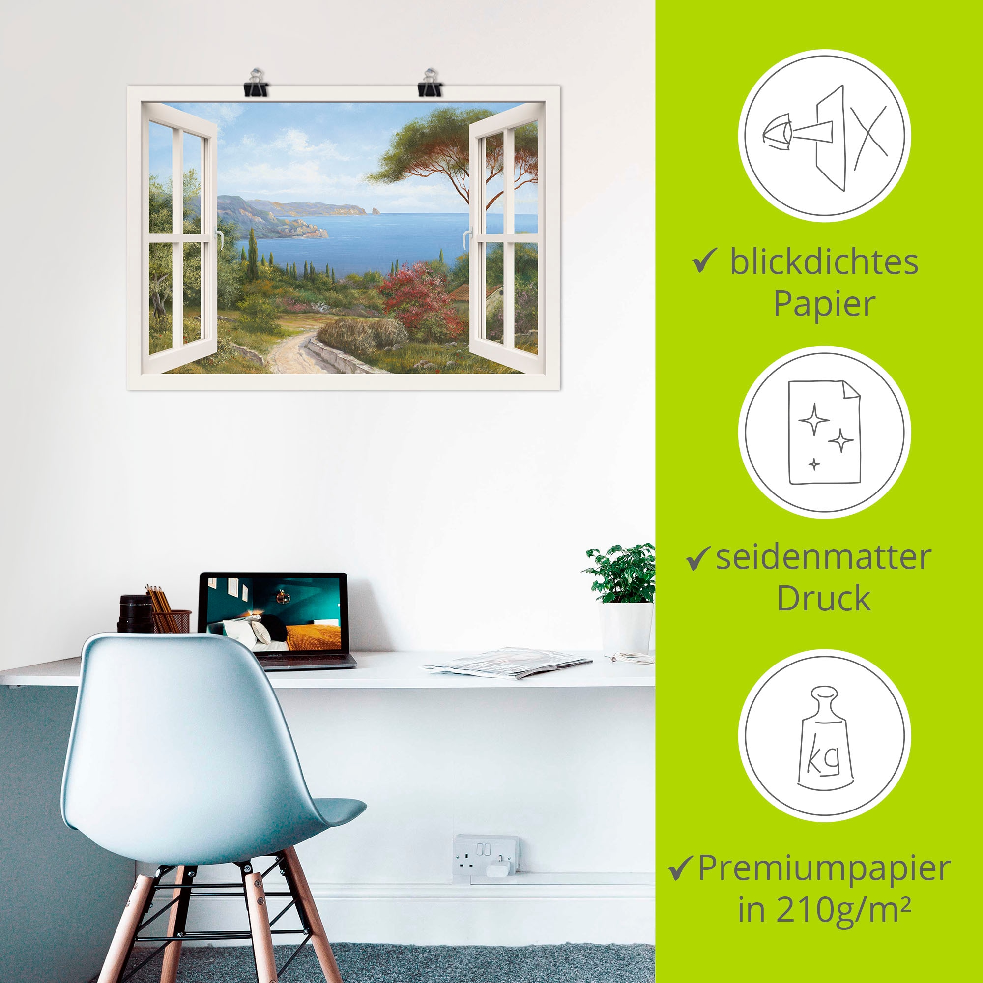 Artland Wandbild »Fensterblick - Haus am Meer I«, Fensterblick, (1 St.), als Leinwandbild, Poster, Wandaufkleber in verschied. Grössen