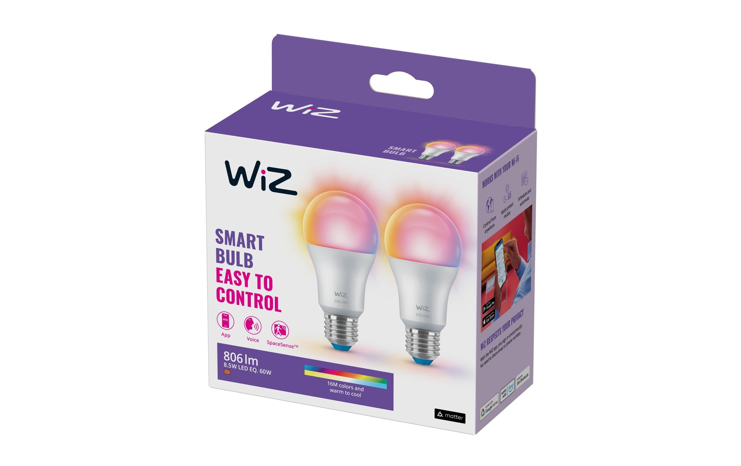 WiZ Smarte LED-Leuchte »8.5W 60W E27 A60 Tunable White&Color Doppelpack« E27 Farbwechsler