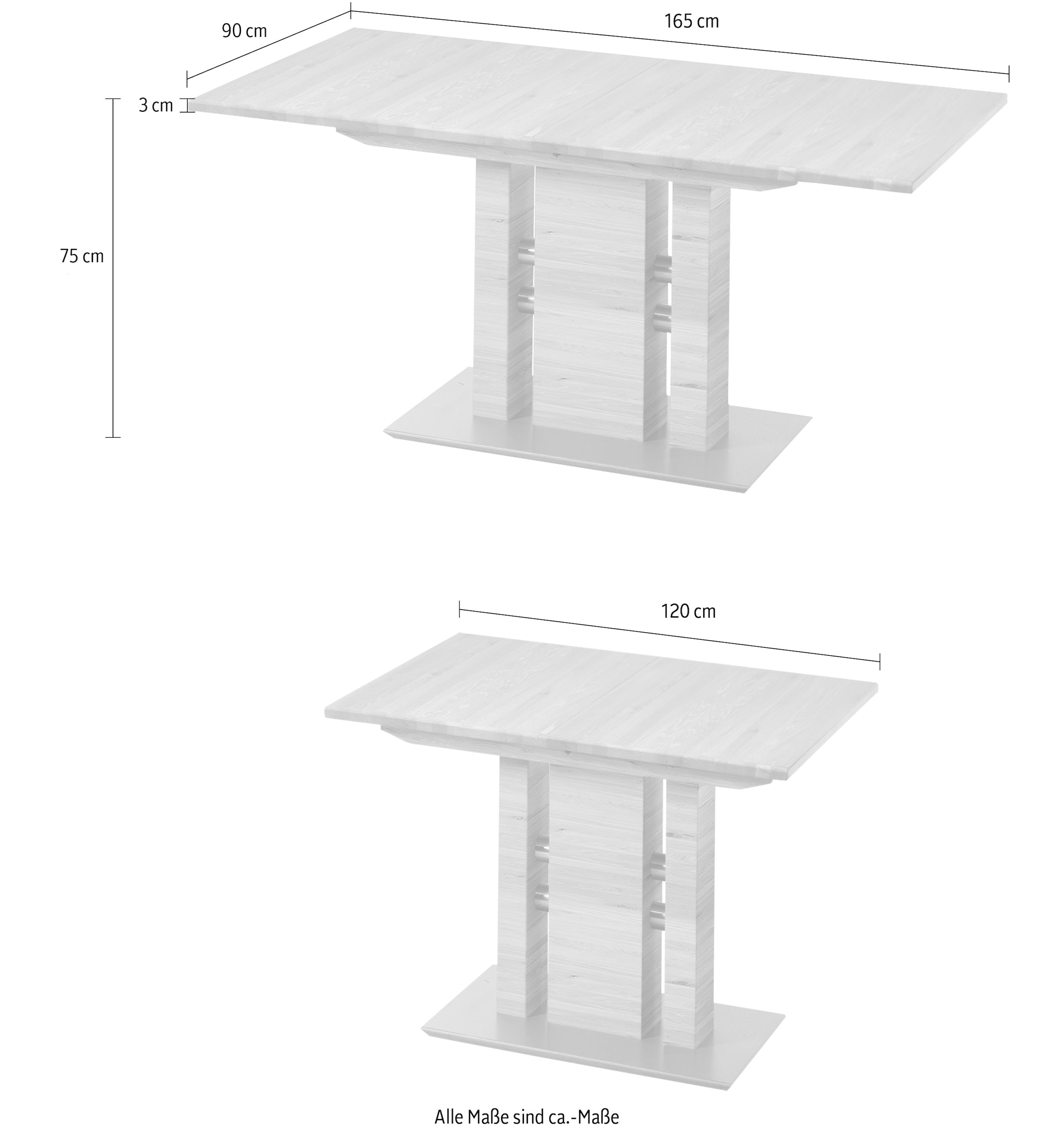 K+W Komfort & Wohnen Table de salle à manger »5030« table fonctionnelle avec rallonge synchronisée, bois massif, 2 largeurs au choix