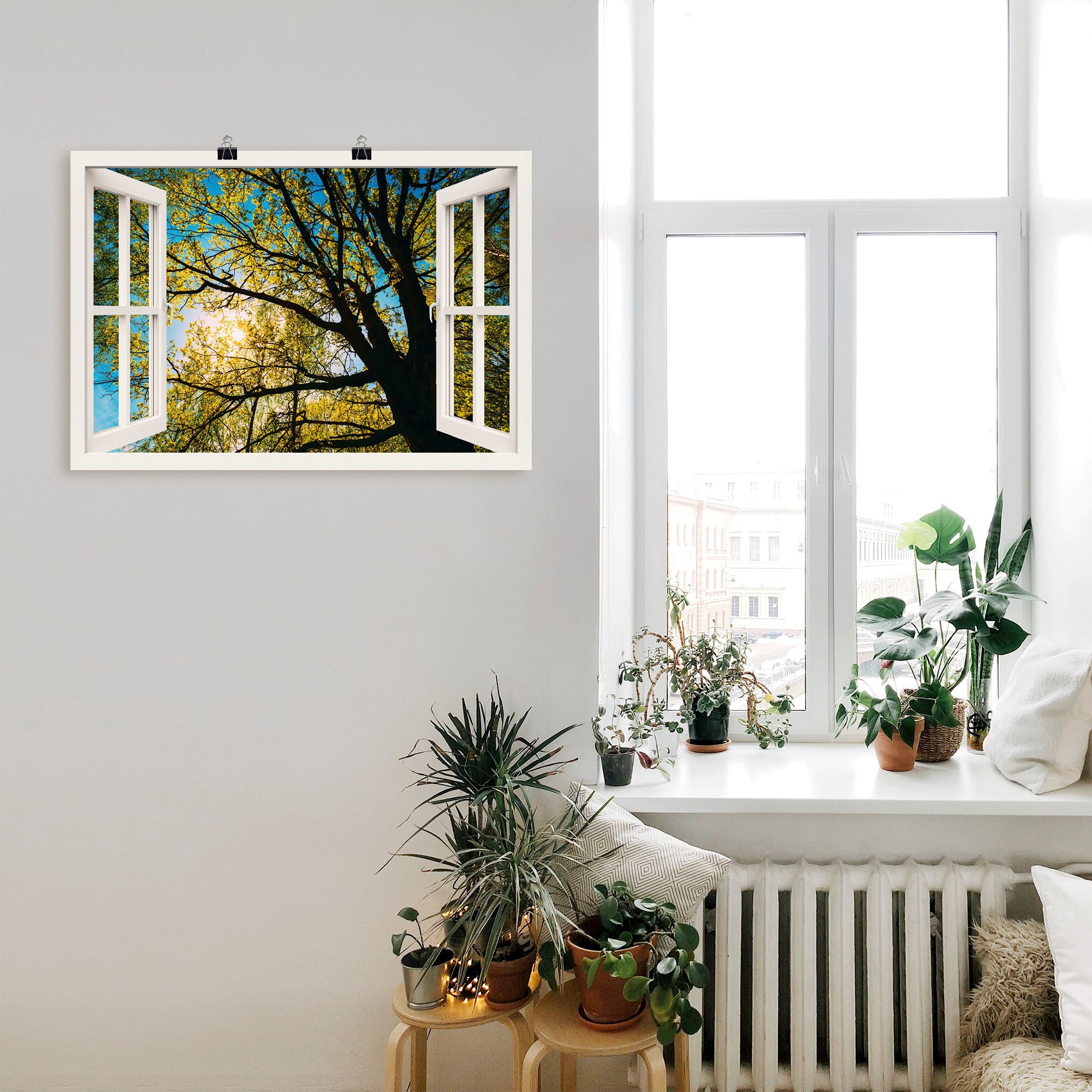 Artland Wandbild »Fensterblick Frühlingssonne Baumkrone«, Bäume, (1 St.), als Leinwandbild, Poster in verschied. Grössen