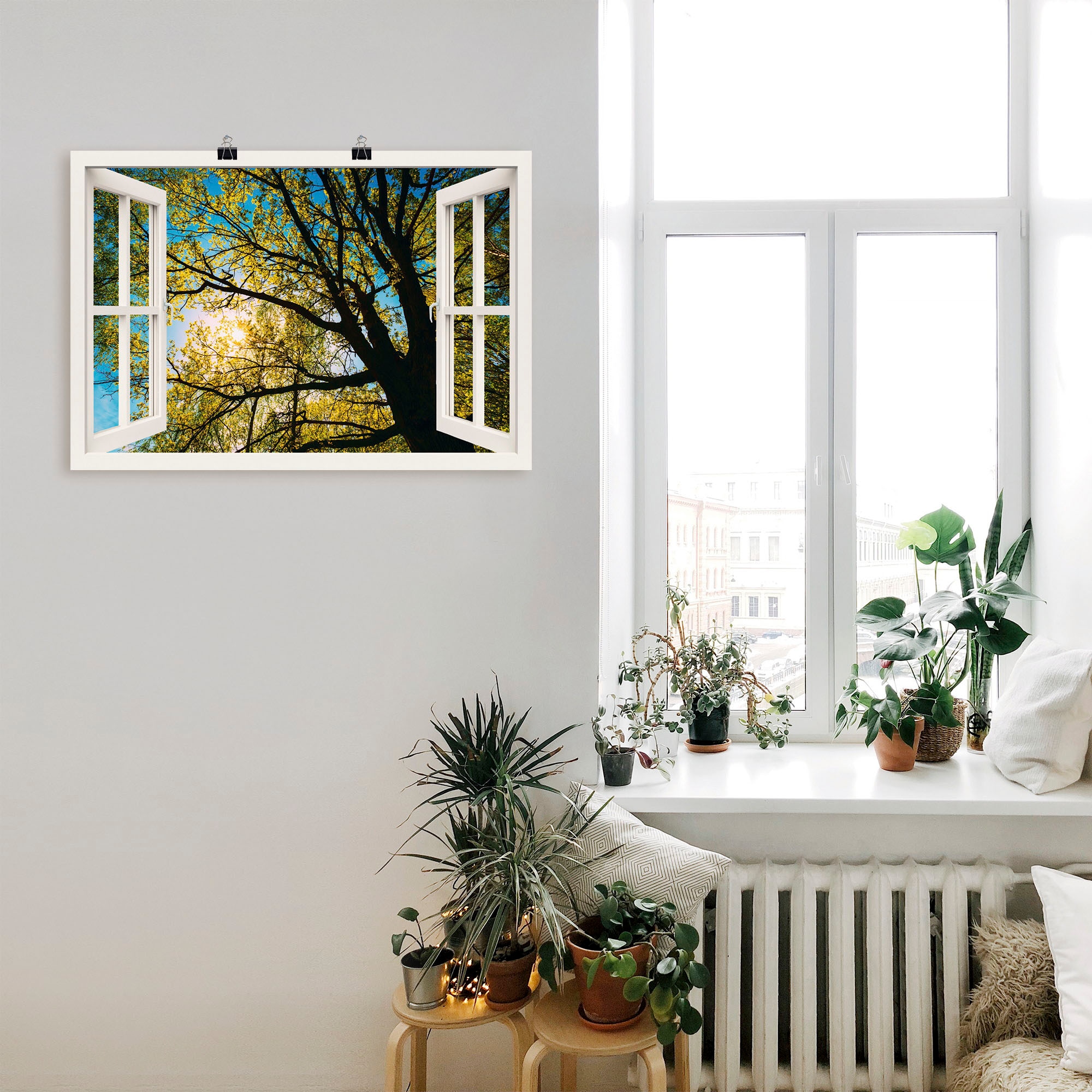 Artland Wandbild »Fensterblick Frühlingssonne Baumkrone«, als Leinwandbild, Grössen Bäume, in Alubild, Poster St.), (1 oder Wandaufkleber jetzt versch. kaufen