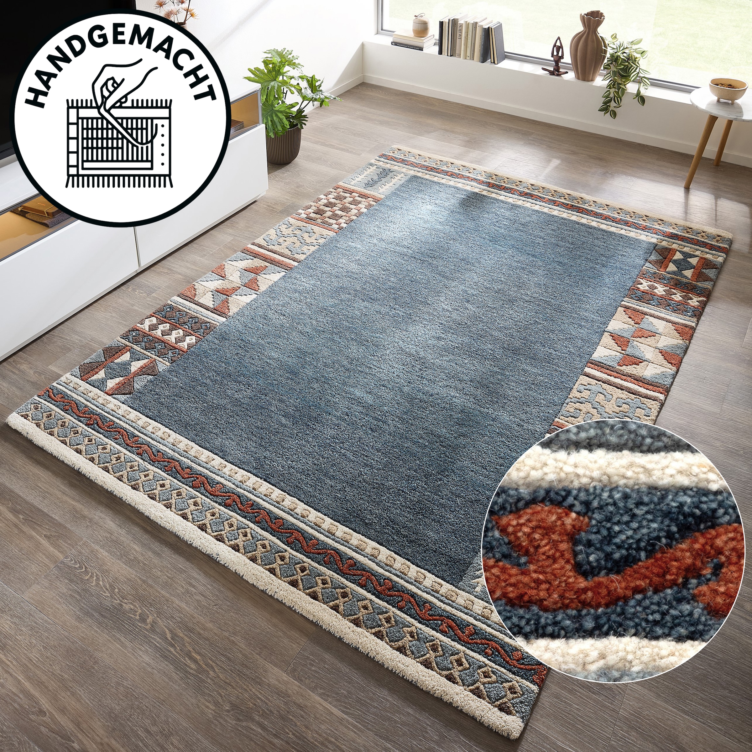 THEKO Tapis en laine »Nuno, reine Wolle,  Handgefertigt, mit Bordüre« Rectangulaire 14 mm Höhe fait main en tuft, salon, chambre, salle à manger, aussi comme coureur