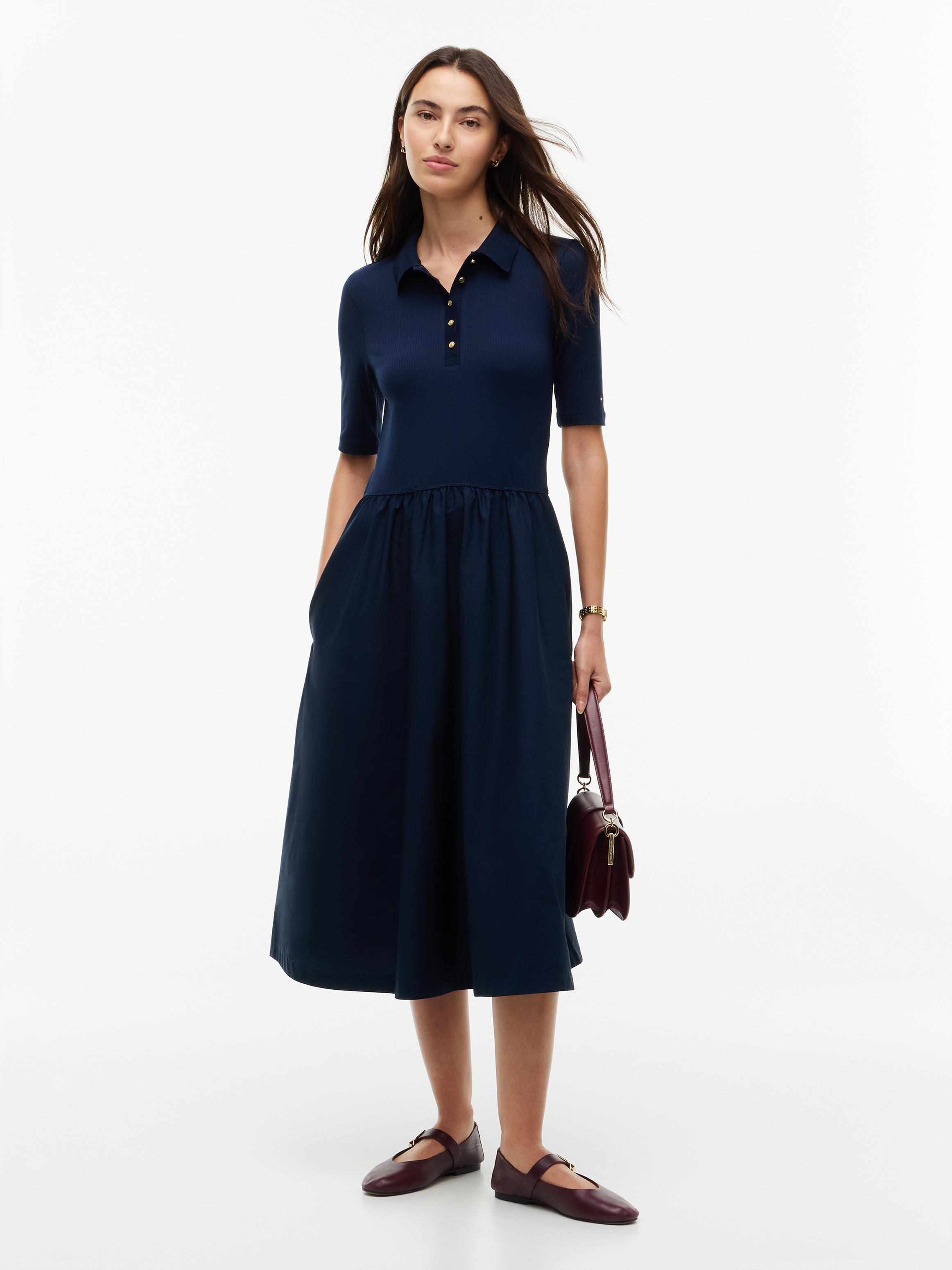 Tommy Hilfiger Robe midi »5X2 RIB F&F MIDI S/S POLO DRESS« coton, ajusté, structure côtelée