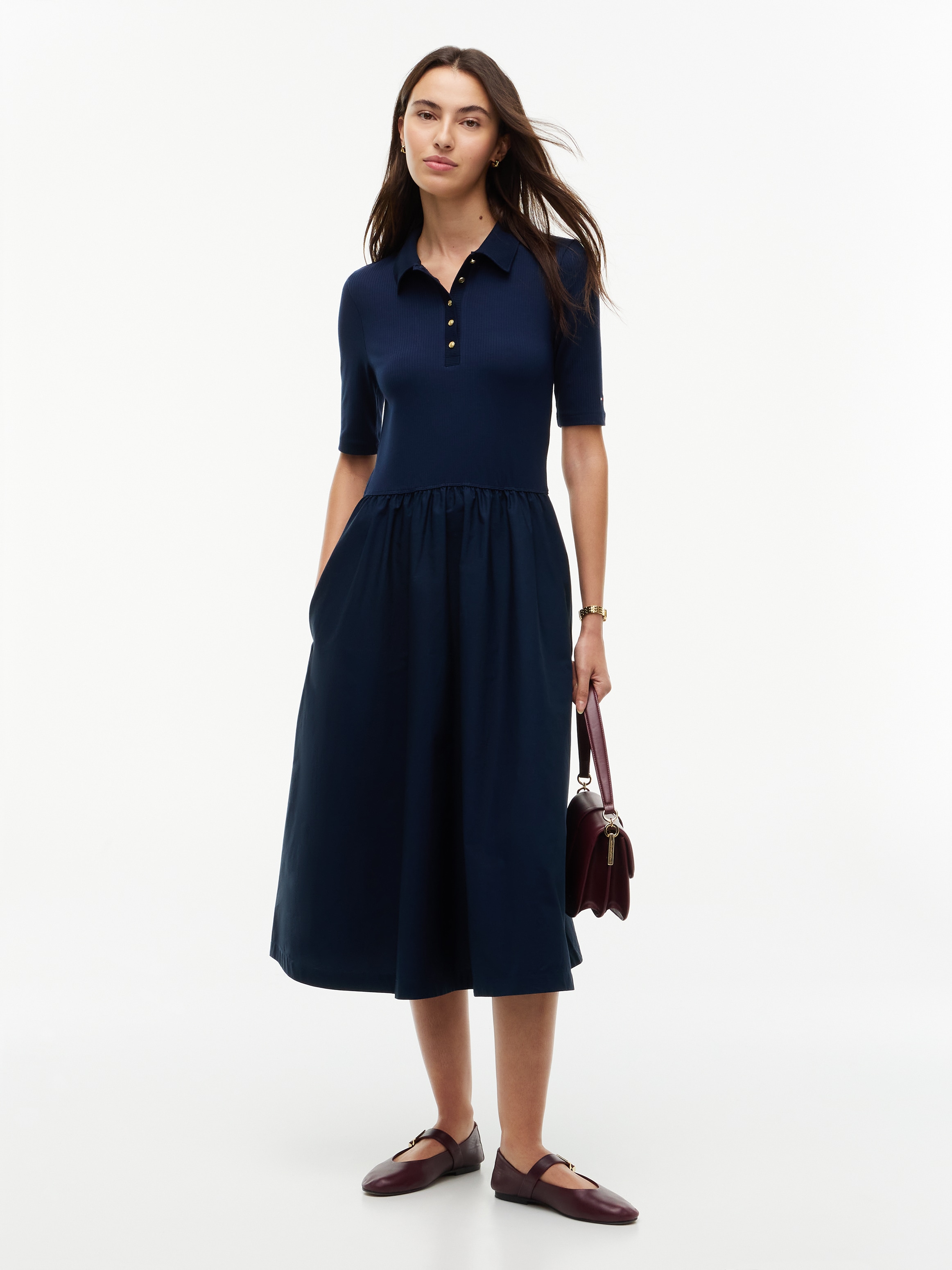 Image of Tommy Hilfiger Midikleid "5X2 RIB F&F MIDI S/S POLO DRESS" Baumwolle, figurbetont, in gerippter Struktur