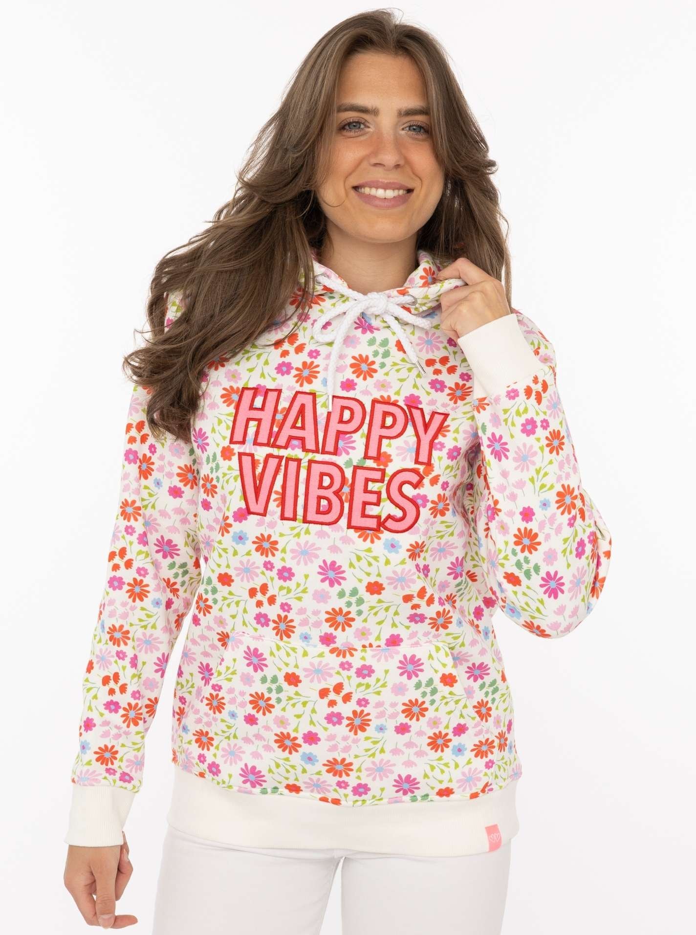 Image of Zwillingsherz Hoodie ""AOP Flower Happy Vibes"", All-Over-Print, gestickter Schriftzug, Kapuze, elastische Bündchen