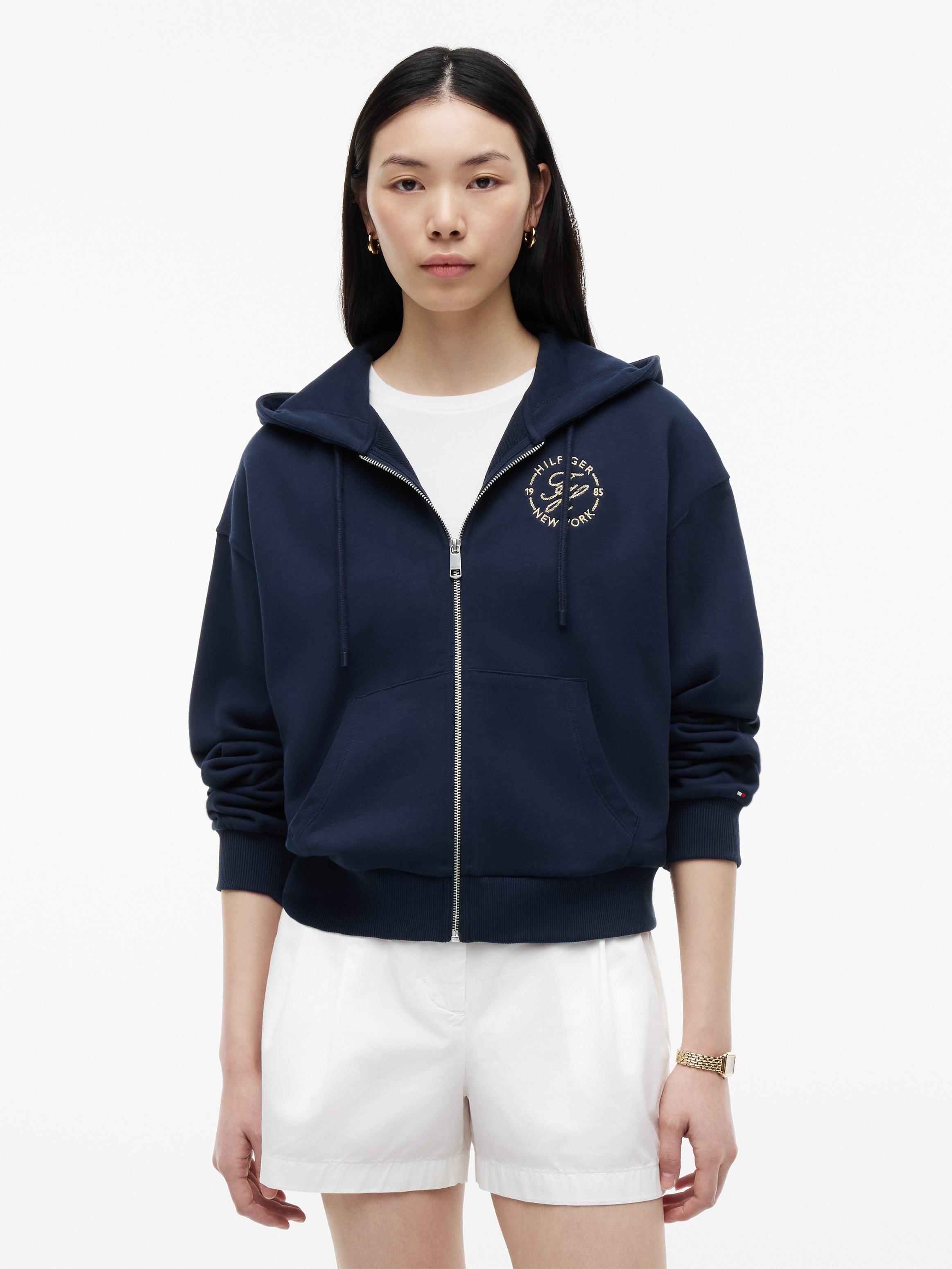 Image of Tommy Hilfiger Kapuzensweatjacke "TH ROUNDAL ZIP-UP HOODIE" Baumwolle, Kapuze, Kängurutaschen