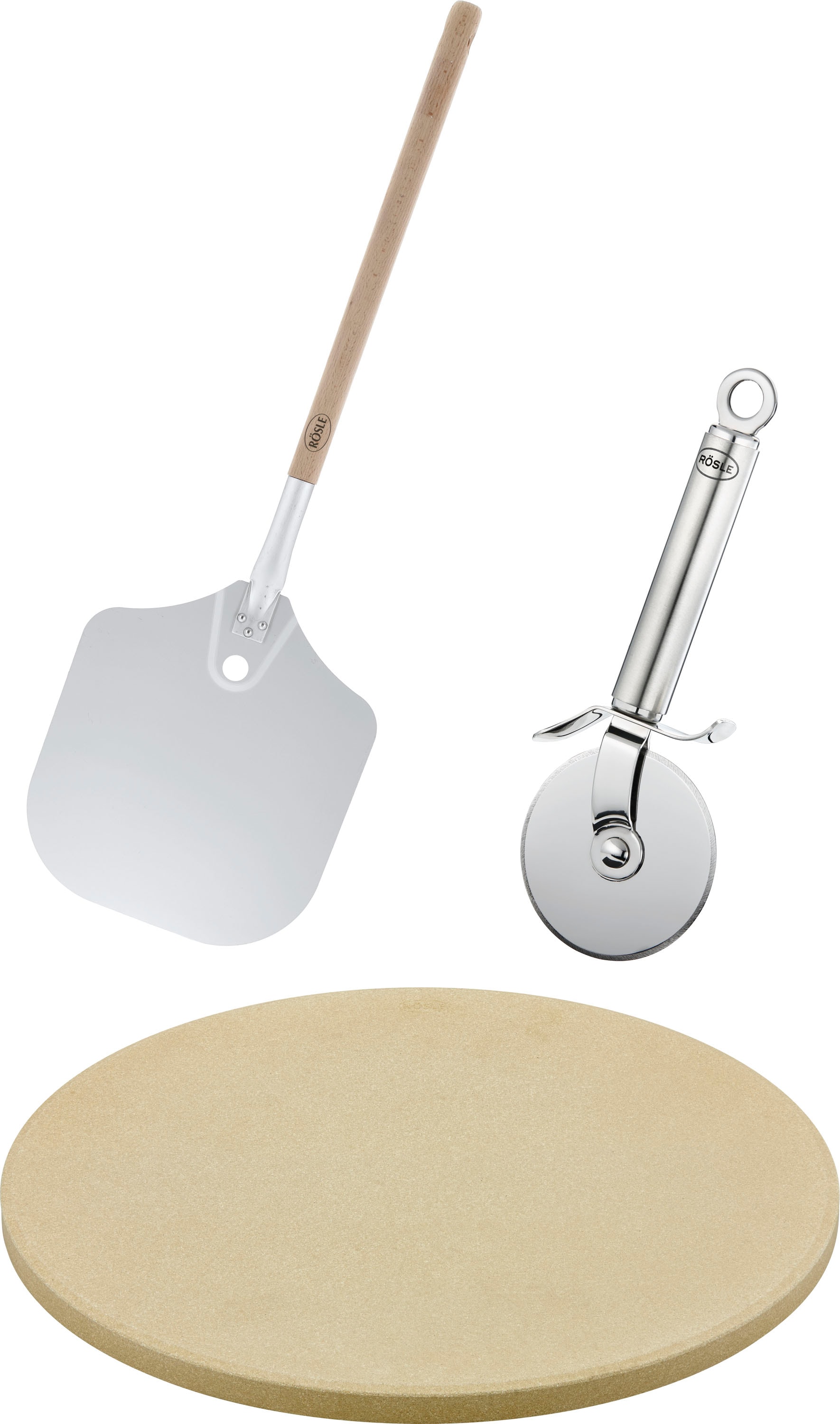 Image of RÖSLE Pizzastein "Barbecue Pizza-Set" Schamottstein 3-tlg., inkl. Pizzaschieber und Pizza- und Flammkuchenschneider