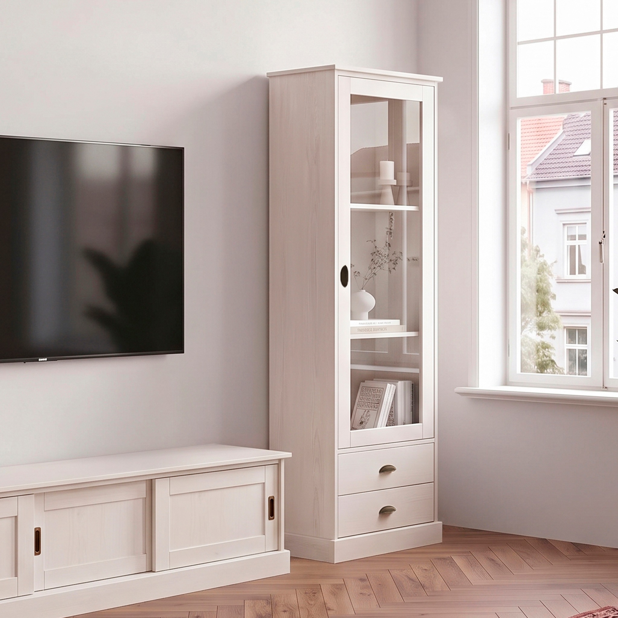 GOODproduct Vitrine »Schröder« mit 1 Schiebetür, 2 Schubkästen, aus massivem Kiefernholz, Breite 55cm