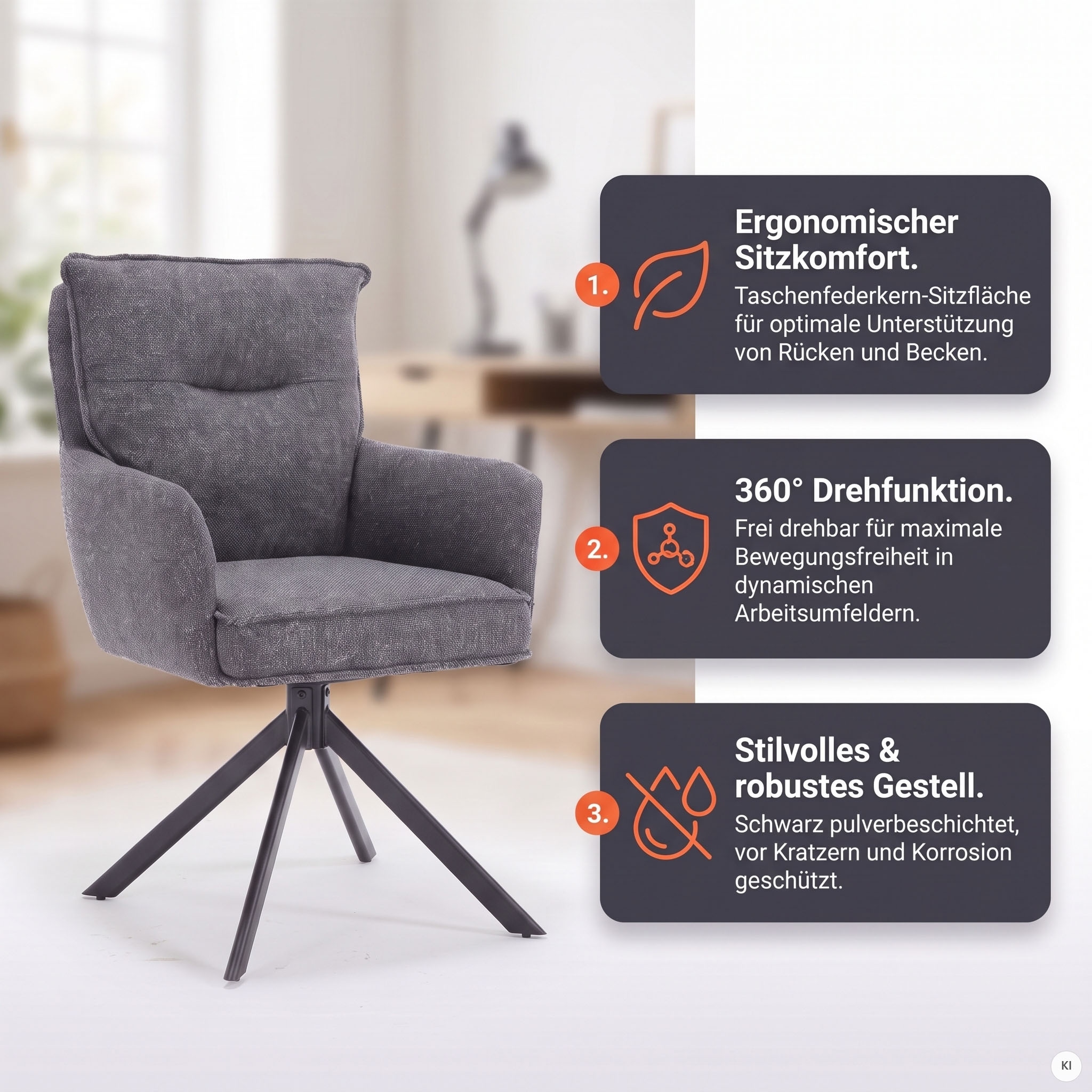 SalesFever Esszimmerstuhl »Austin - Armlehnstuhl mit hochwertiger Taschenfederkern-Polsterung« () 1 Stk.Esszimmersessel: 360° Drehfunktion mit stilvollem Metallfuss
