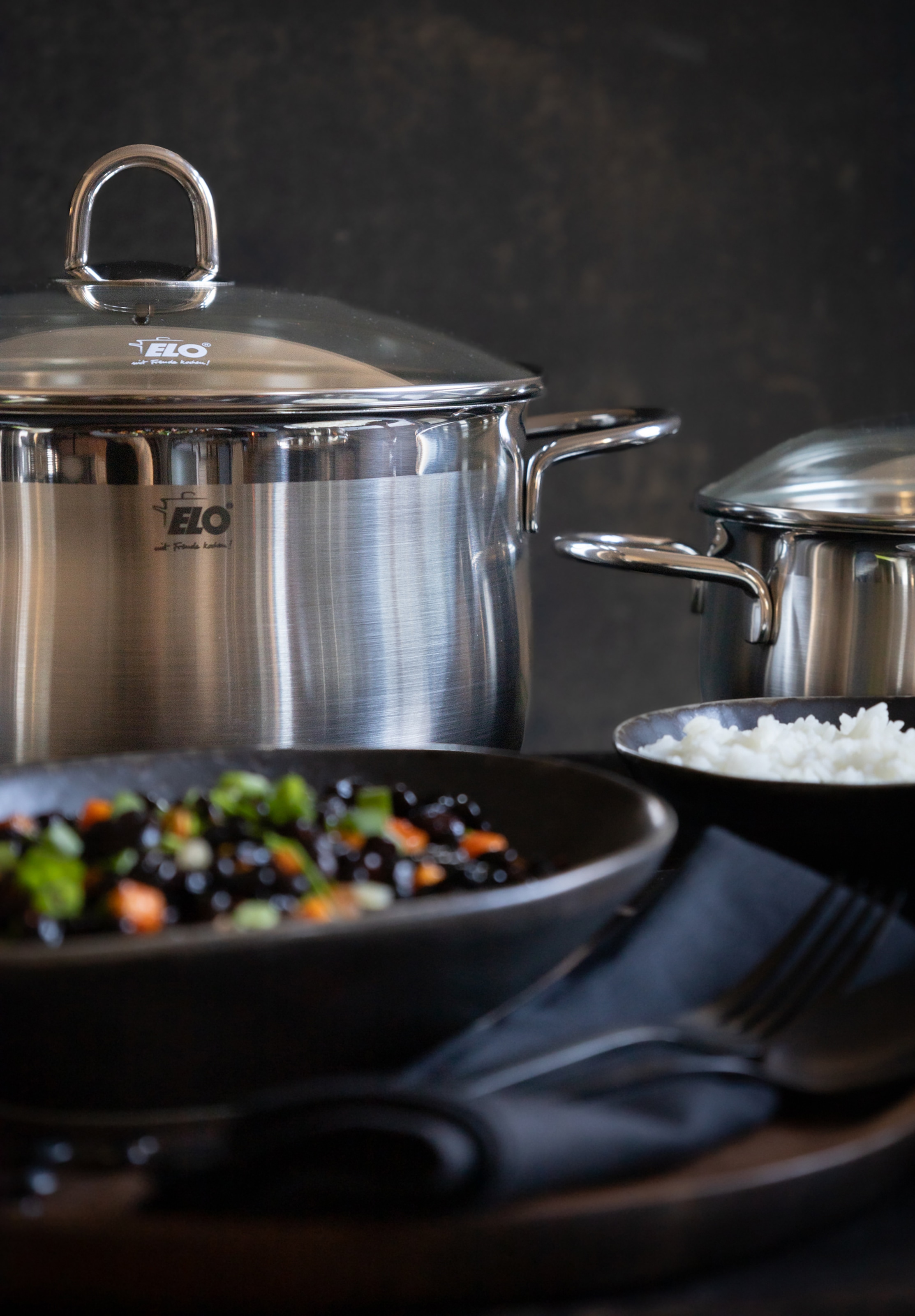 Elo Set de casseroles »Platin« Ensemble, 1 Bratentopf 20 cm, je 1 Fleischtopf 16/20/24 cm, 1 Kasserolle 16 cm, 9 cuis tlg. Acier inoxydable 18/10