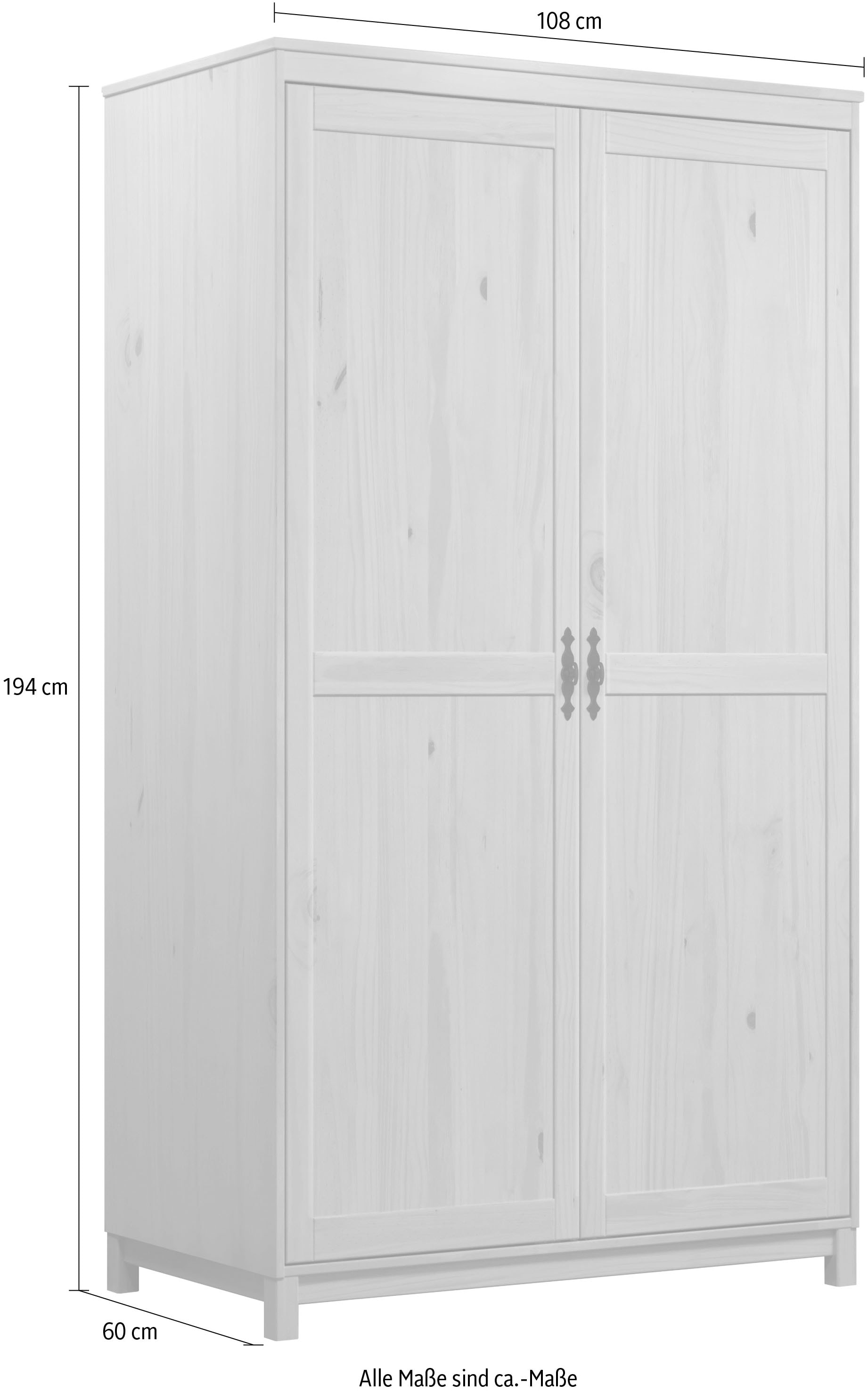 Home affaire Kleiderschrank »Sandnes Kieferschrank Schlafzimmer Schrank TOPSELLER weiss« natürlicher Landhaus-Look  B/T/H = 108x60x194cm, 1 Stk. tlg. Massivholz Schlafzimmerschrank mit besonderen Metallgriffen