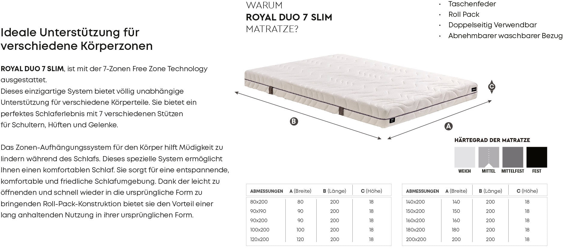 Yatas Bedding Taschenfederkernmatratze »Royal Duo 7 Slim, Matratze 90x200, 140x200 cm & weitere Grössen«, 18 cm hoch, Raumgewicht: 28 kg/m³, 434 Federn, (1 St., 1-tlg.), 7-Zonen, H2 / H3, Wendematratze, ergonomisch, atmungsaktiv