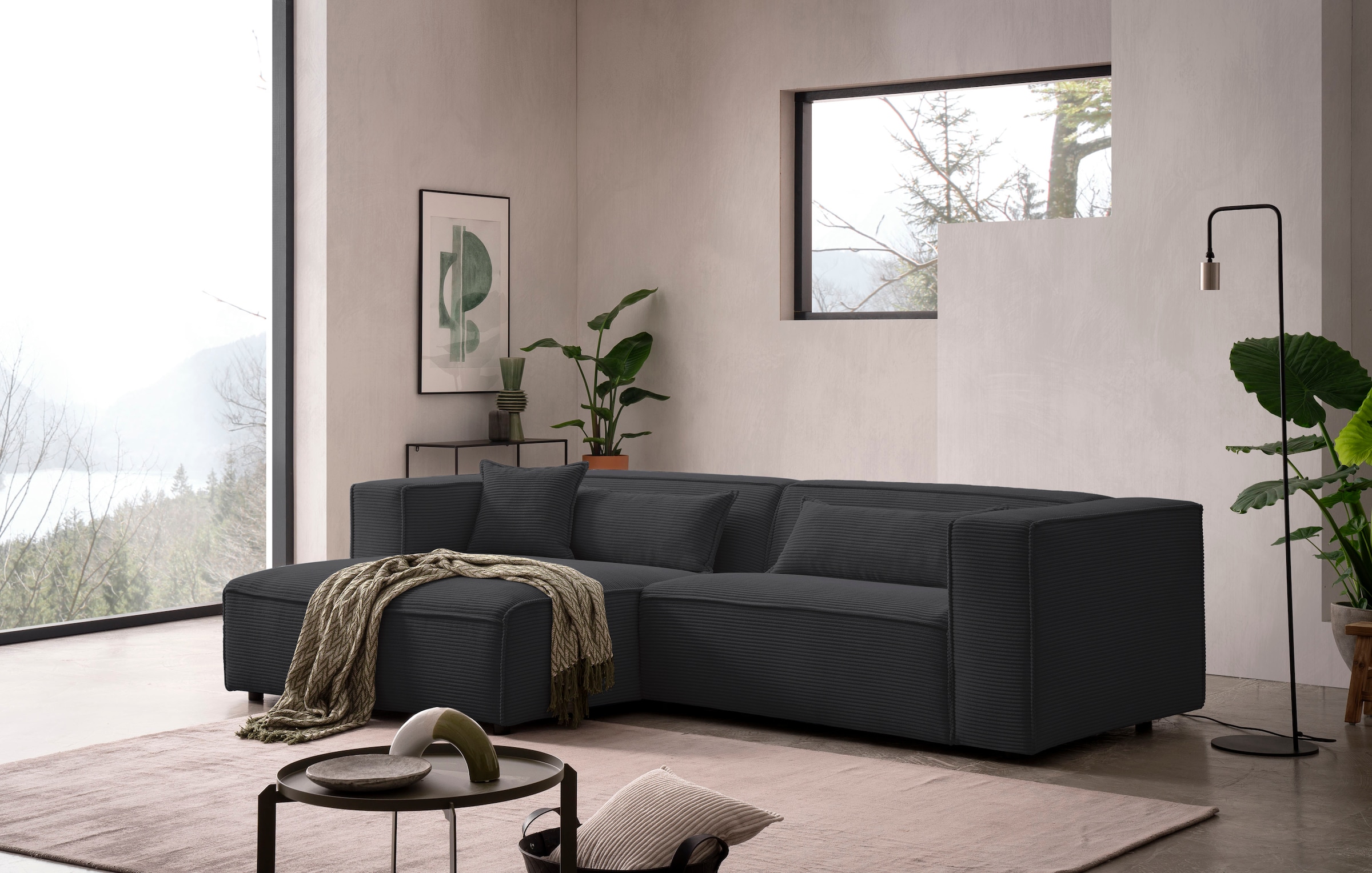 Image of LeGer Home by Lena Gercke Ecksofa "PIARA Cord mit Kedernaht L-Form" wahlweise Ottomane rechts/links, schwarze Füsse, bequemer Sitzkomfort