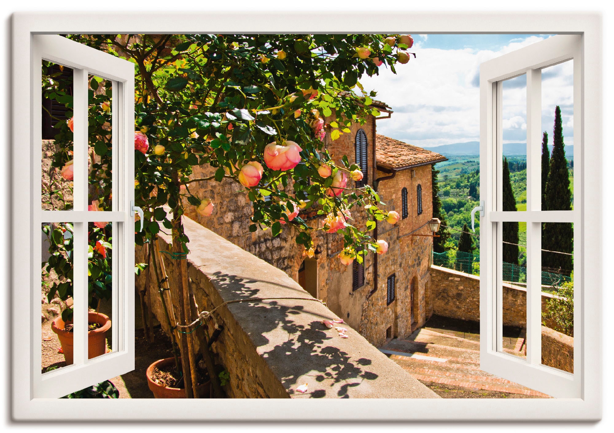»Fensterblick Garten, Artland Wandaufkleber oder in als auf Wandbild Alubild, Balkon Grössen Rosen St.), (1 Leinwandbild, Toskana«, kaufen Poster versch.