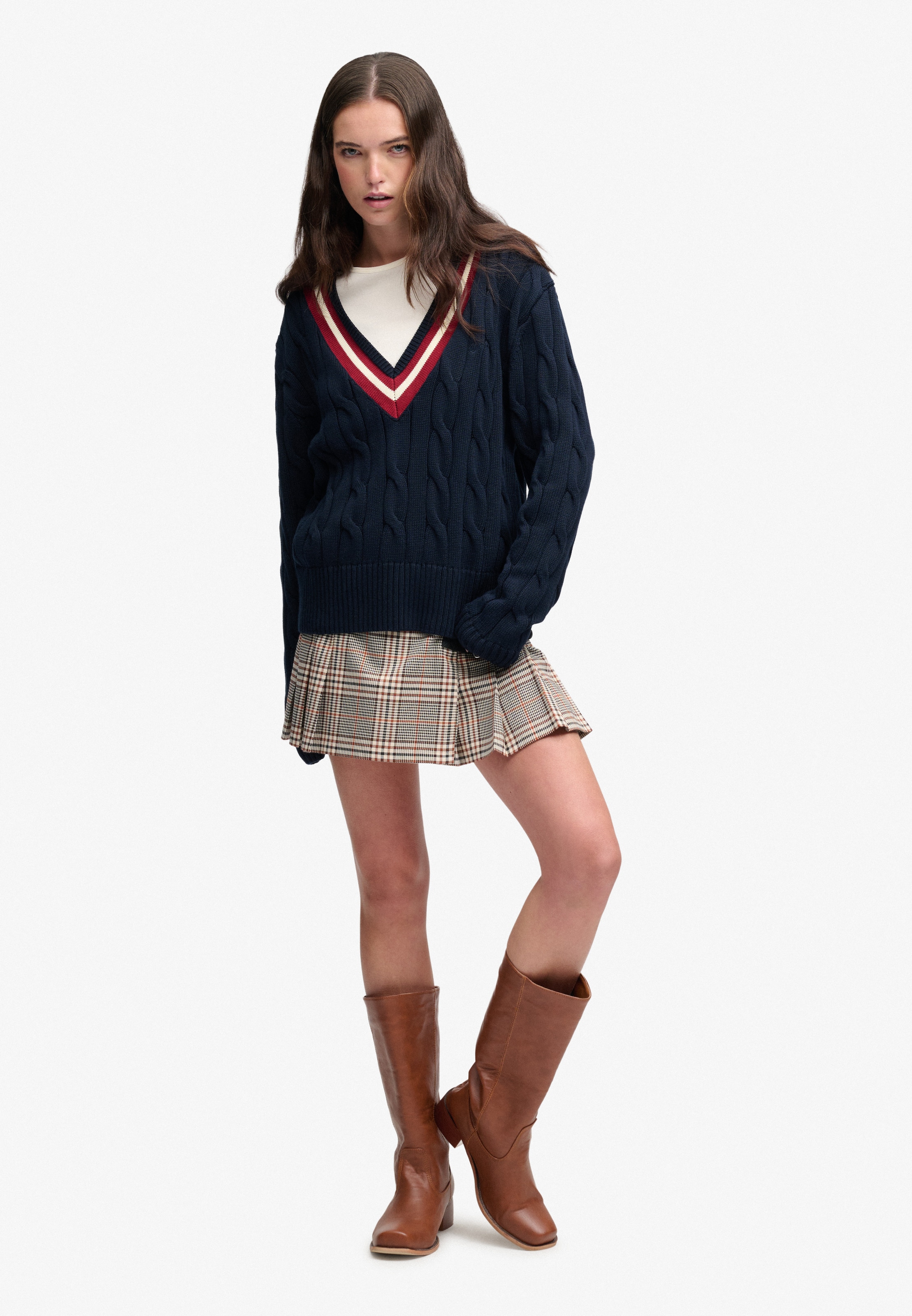 Superdry Pull col V »CLASSIC CABLE CRICKET KNIT« Baumwolle, loose fit