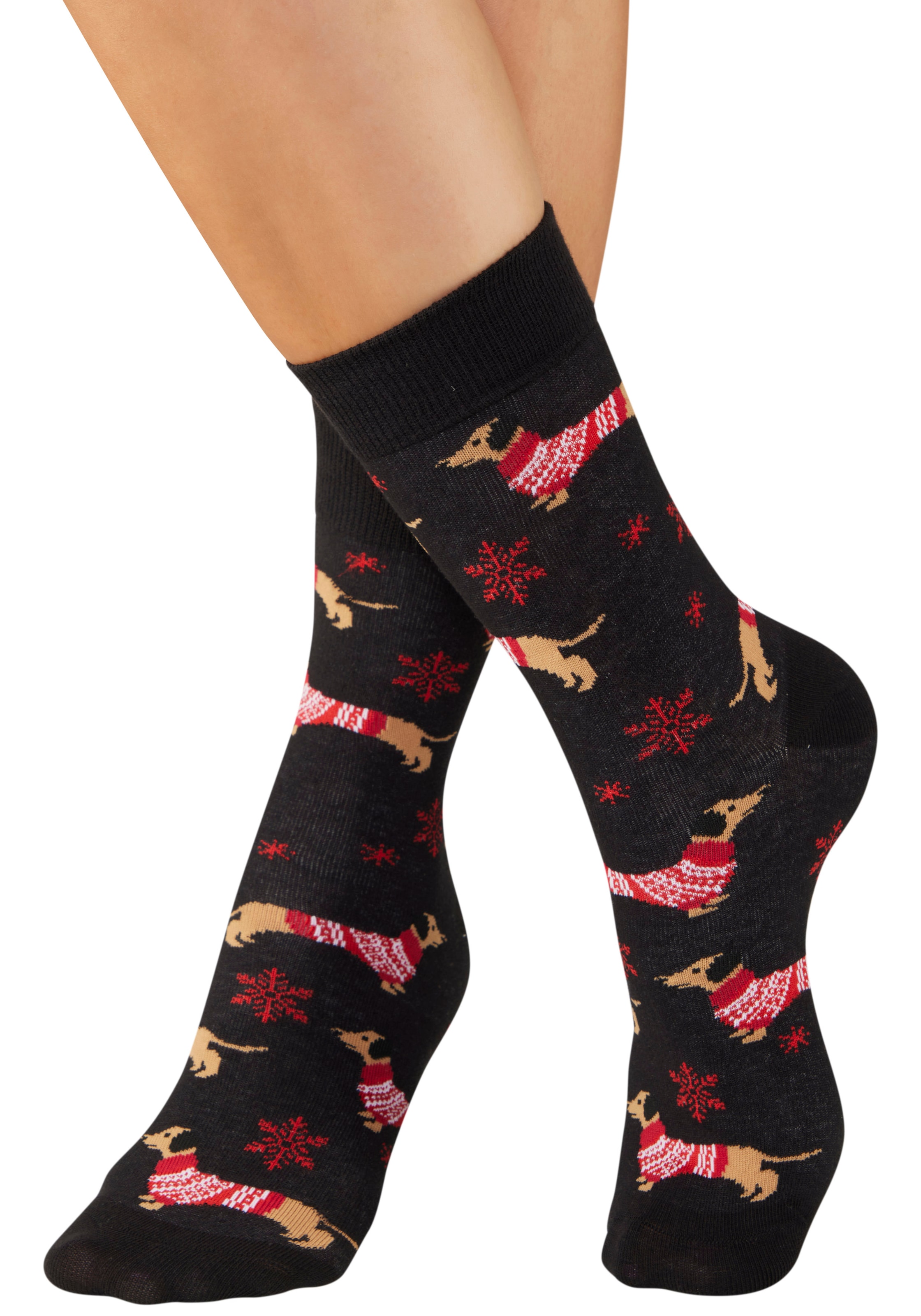 LASCANA Chaussettes Packung, 3 Couple tlg. mit weihnachtlichem Dackelmotiv