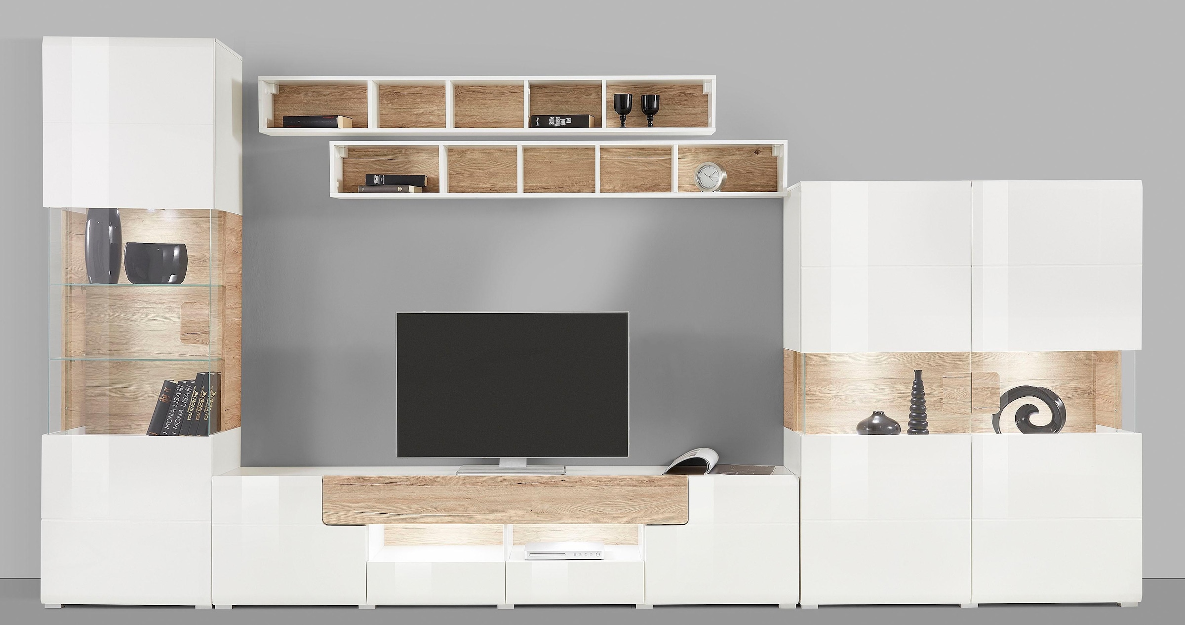 INOSIGN Wohnwand »Toledo,Breite 384cm stilvolle Mediawand ohne Beleuchtung«, (Set, 5 St.), Anbauwand(Vitrine,Lowboard,Highboard,2xHängeregal)MDF Hochglanzfronten