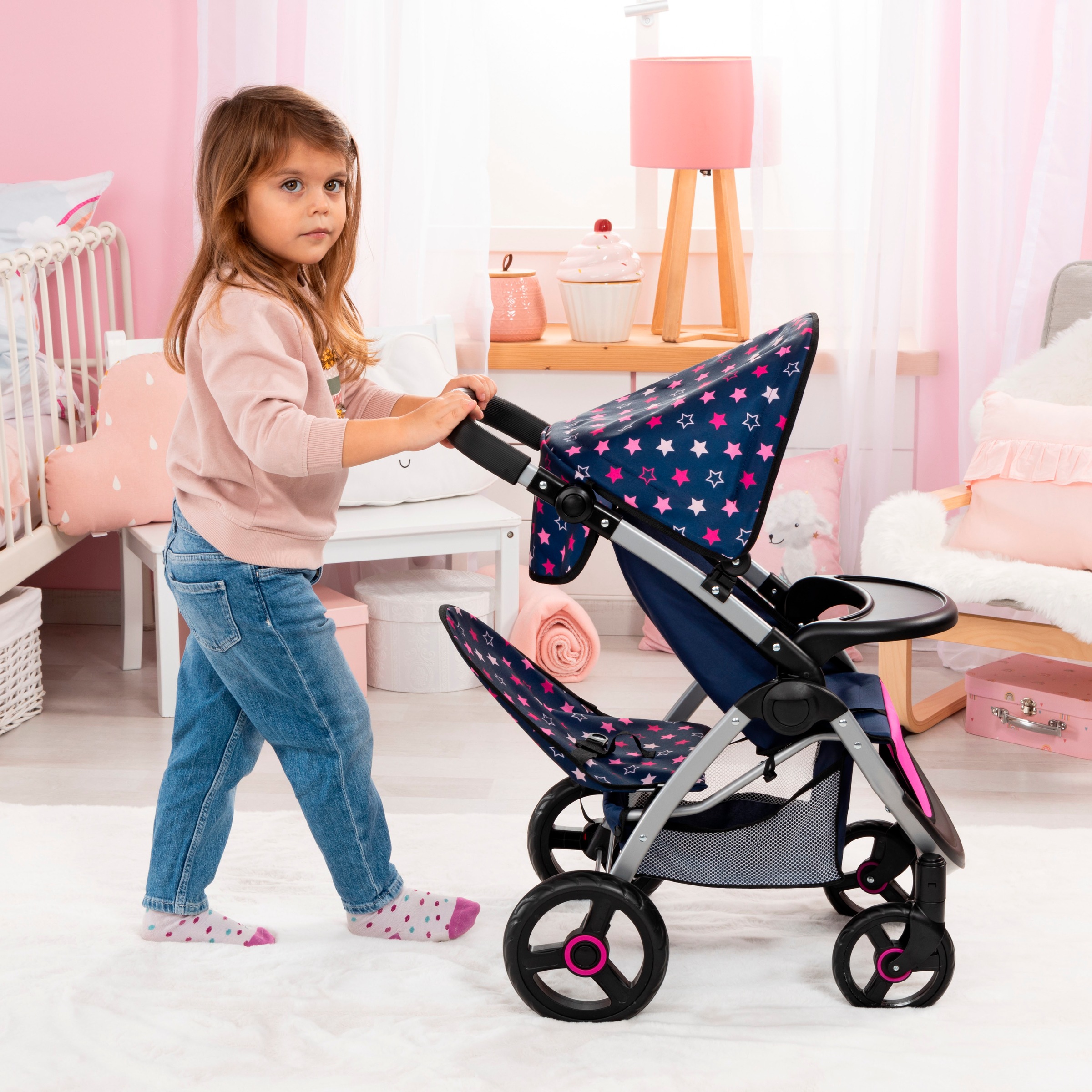 Bayer Poussette jumelle pour poupée »Twin Star, blau/pink« mit Wickeltasche