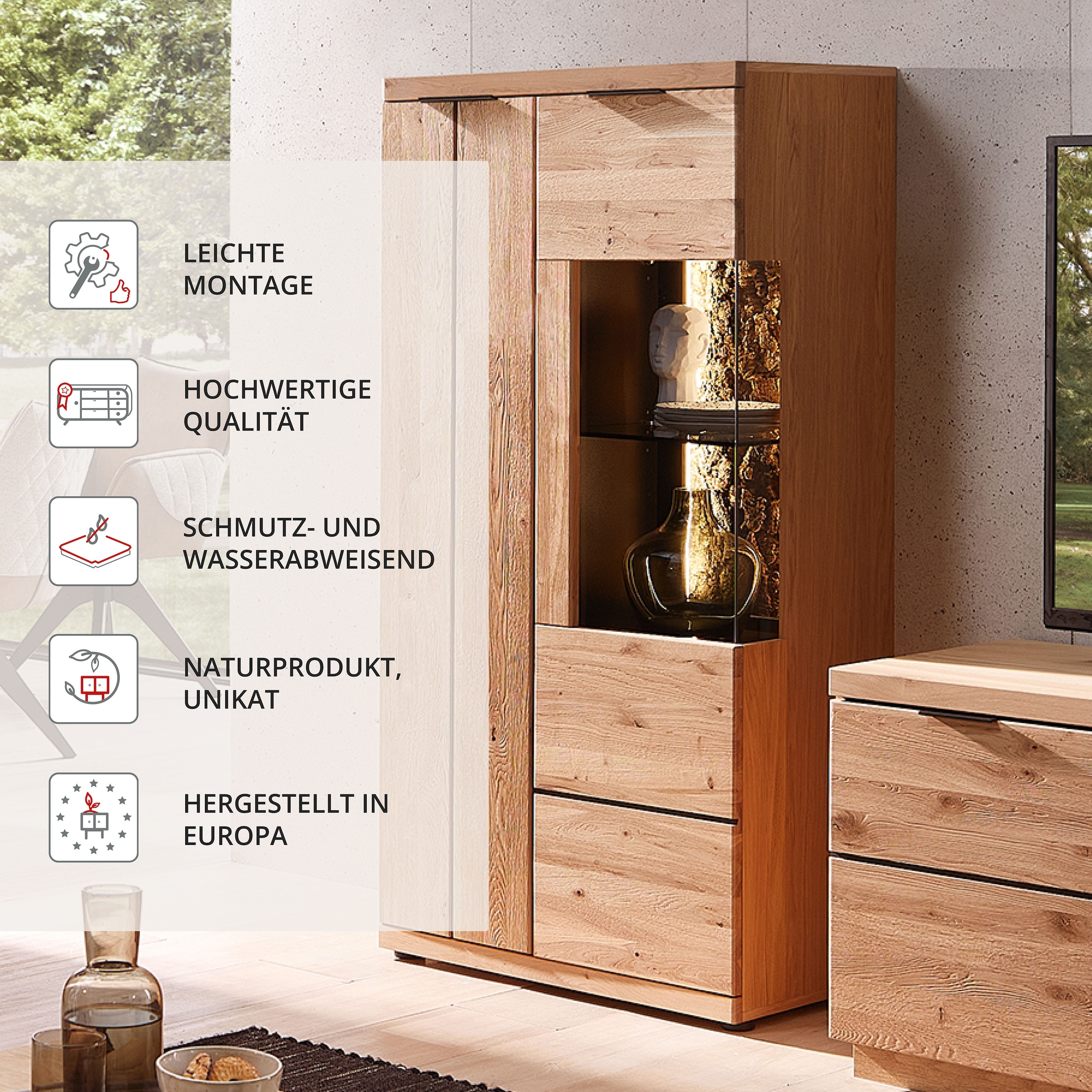 Wohnconcept Vitrine »Donna Vitrine, 75x148x42 (BxHxT)« 1 Stk. tlg. Beleuchtung bestellbar, 2 türig, Softclose, Echtkork Absetzung