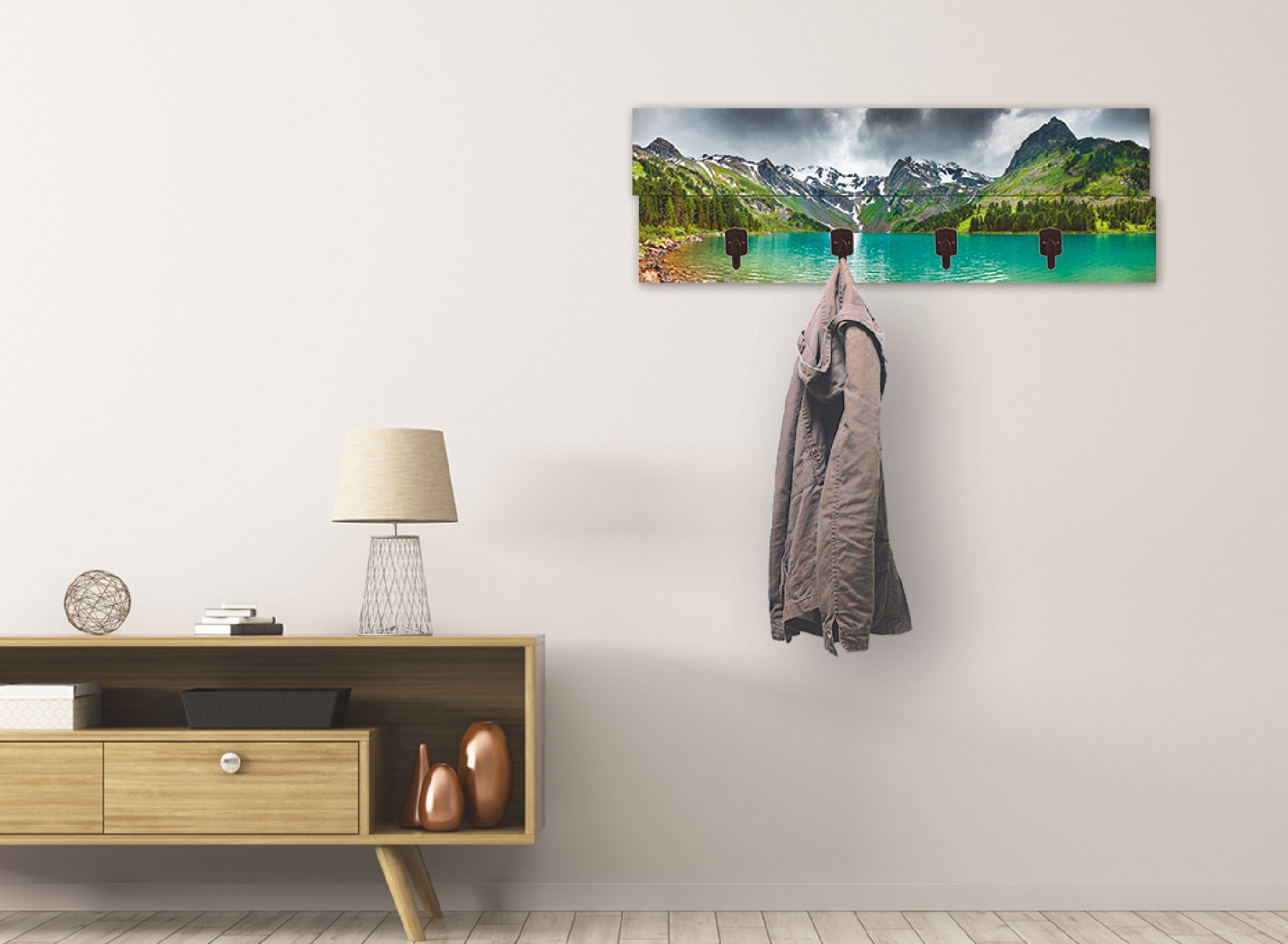 Image of Artland Garderobenleiste »Bergsee«, platzsparende Wandgarderobe aus Holz mit 4 Haken, geeignet für kleinen, schmalen Flur, Flurgarderobe bei Ackermann Versand Schweiz