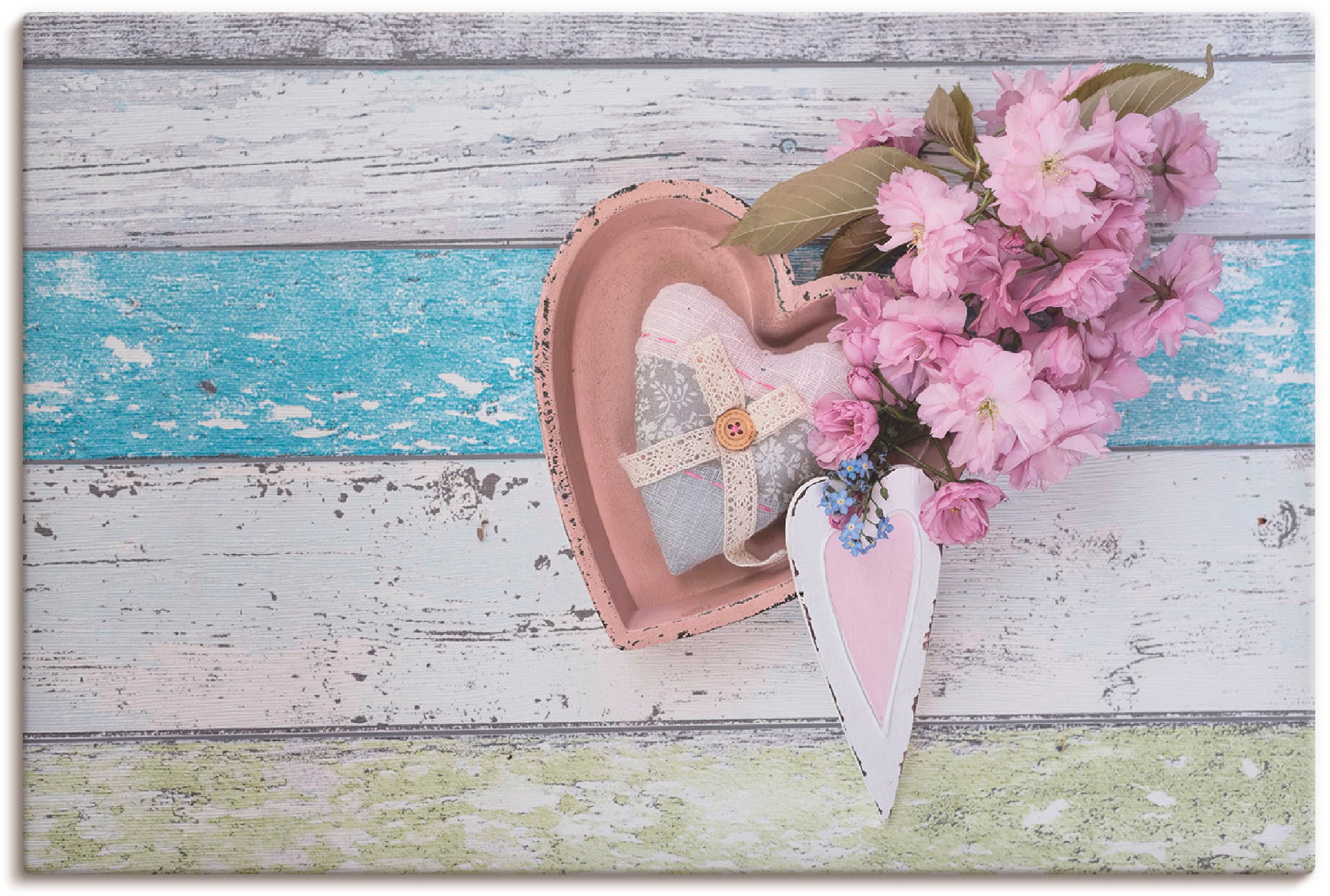 Image of Artland Leinwandbild "Stillleben mit Kirschblüten und Herzen" Arrangements 1 Stk. tlg. auf Holzrahmen gespannt