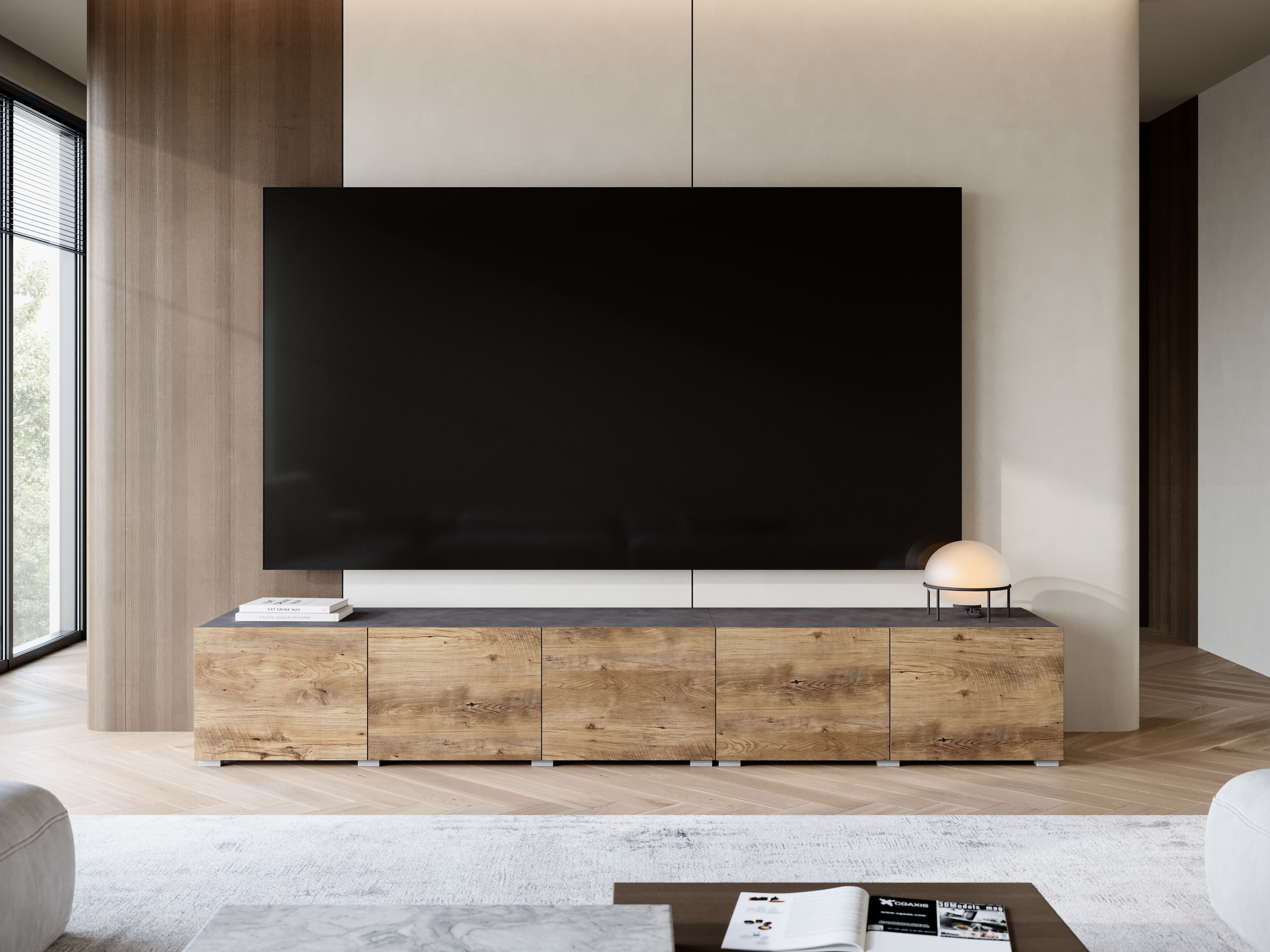 GOODproduct Lowboard »Denver 250 cm für bis zu 98-Zoll TVs - Weltmeisterschaft im XXL Format« Wahlweise mit oder ohne offenes Fach in der Mitte