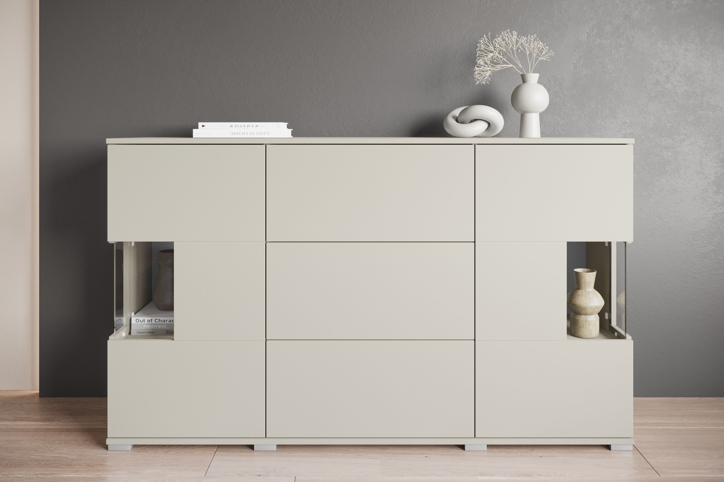 GOODproduct Sideboard »Kenia« 1 Stk. tlg. Sideboard mit 3 Schubladen, 6 Fächern, Glastüren, Breite 150 cm