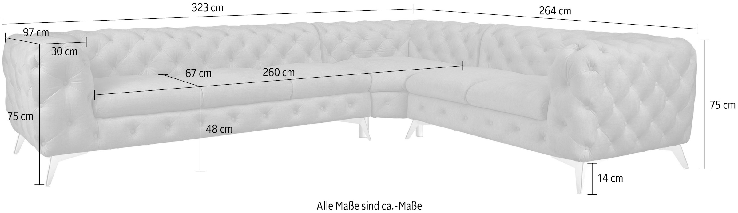 Leonique Chesterfield-Sofa »Ecksofa GLYNIS L-Form mit Wellenunterfederung, Masse B/T/H 323/264/75cm«, aufwändige Knopfheftung, moderne Chesterfield Optik, Fussfarbe wählbar