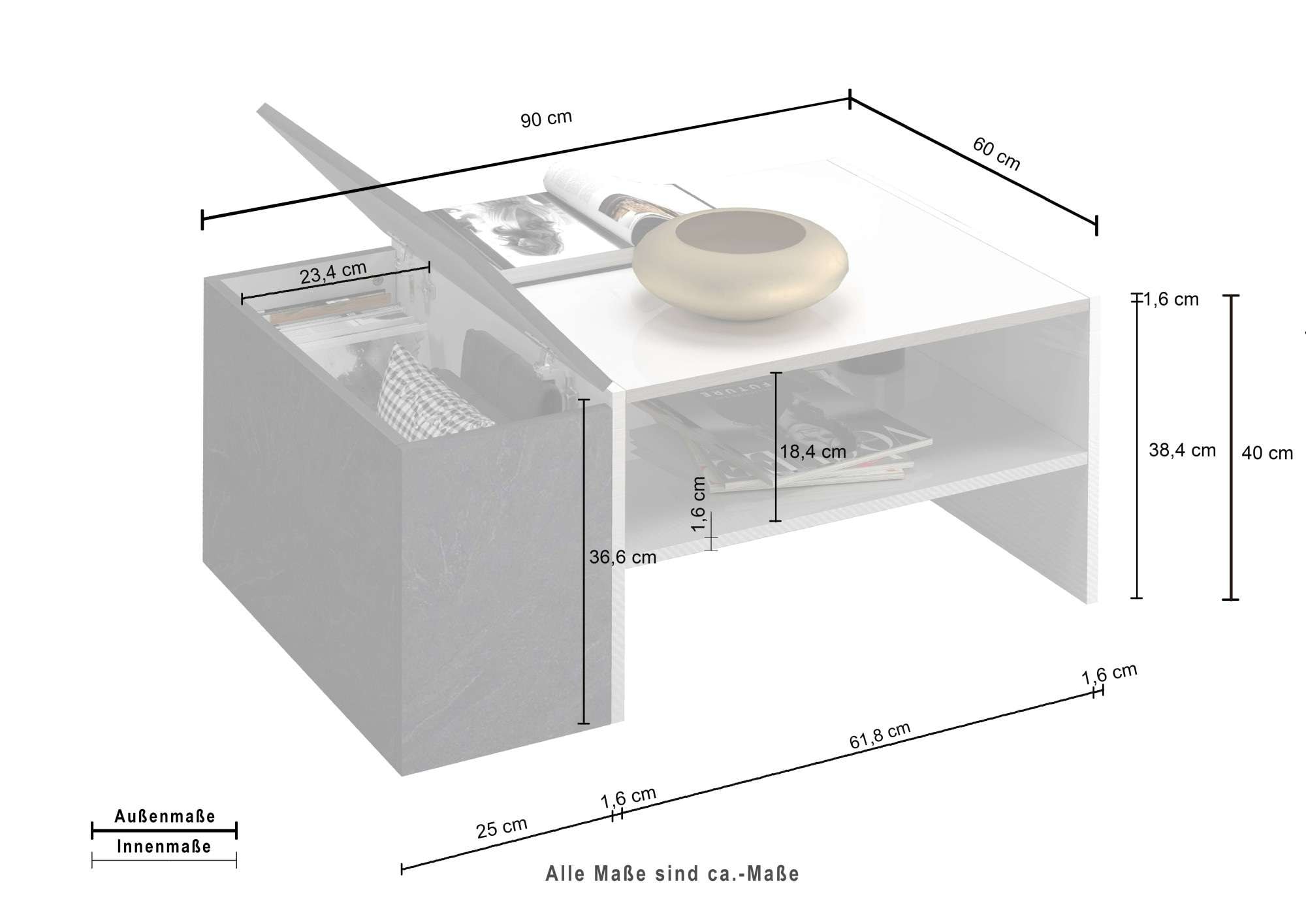 Home affaire Couchtisch »Coro, Couchtisch, Couchtisch mit seitlichem Stauraum,Sofatisch« Länge 90 cm, mit zwei Ablagefächern davon eines geschlossen