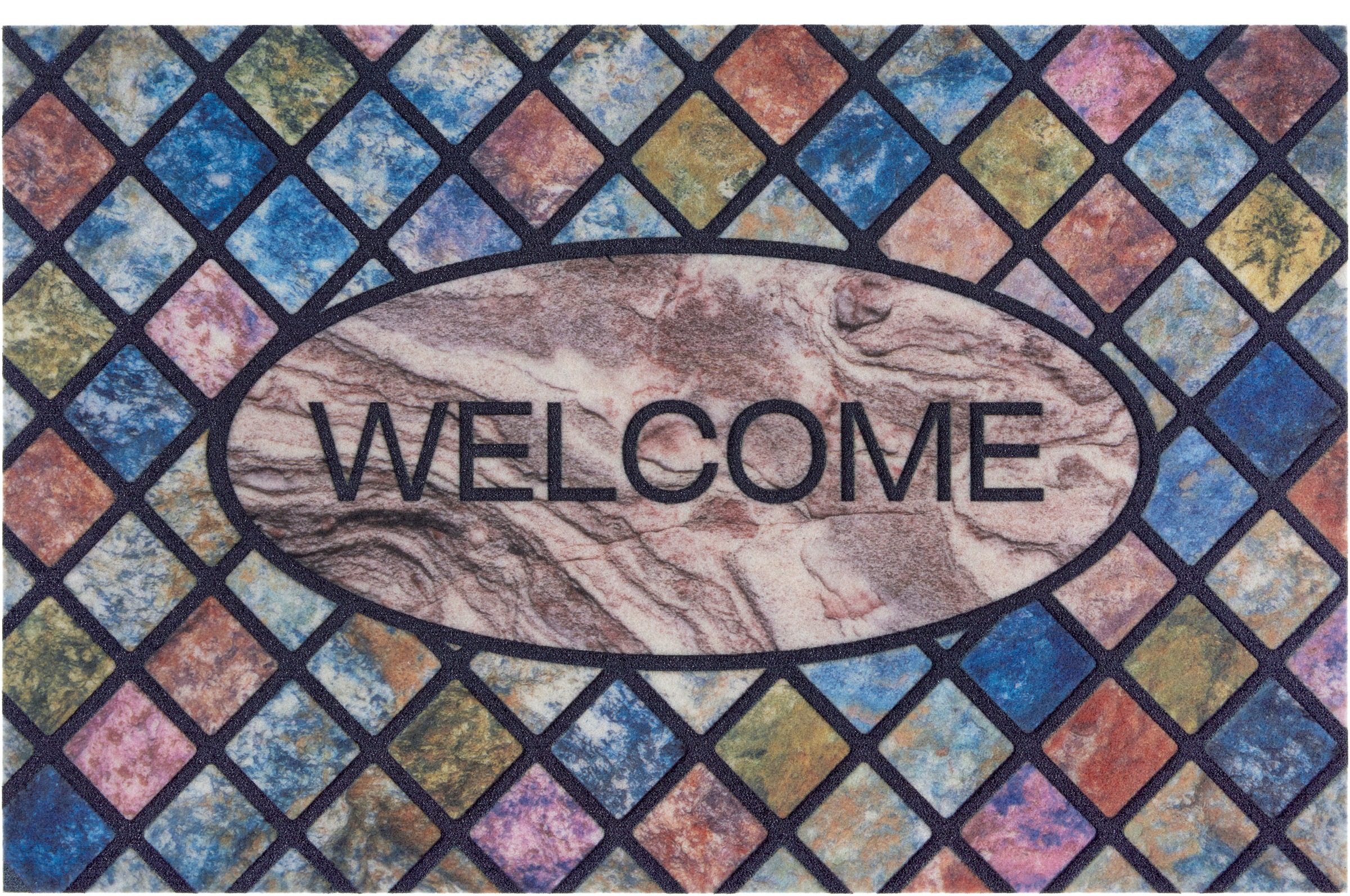 Image of my home Fussmatte »Welcome Kacheln«, rechteckig, 6 mm Höhe, Design In und Outdoor geeignet, mit Spruch, Schrift Design, Robust, Pflegeleicht, Rutschfest, Schmutzfang bei Ackermann Versand Schweiz
