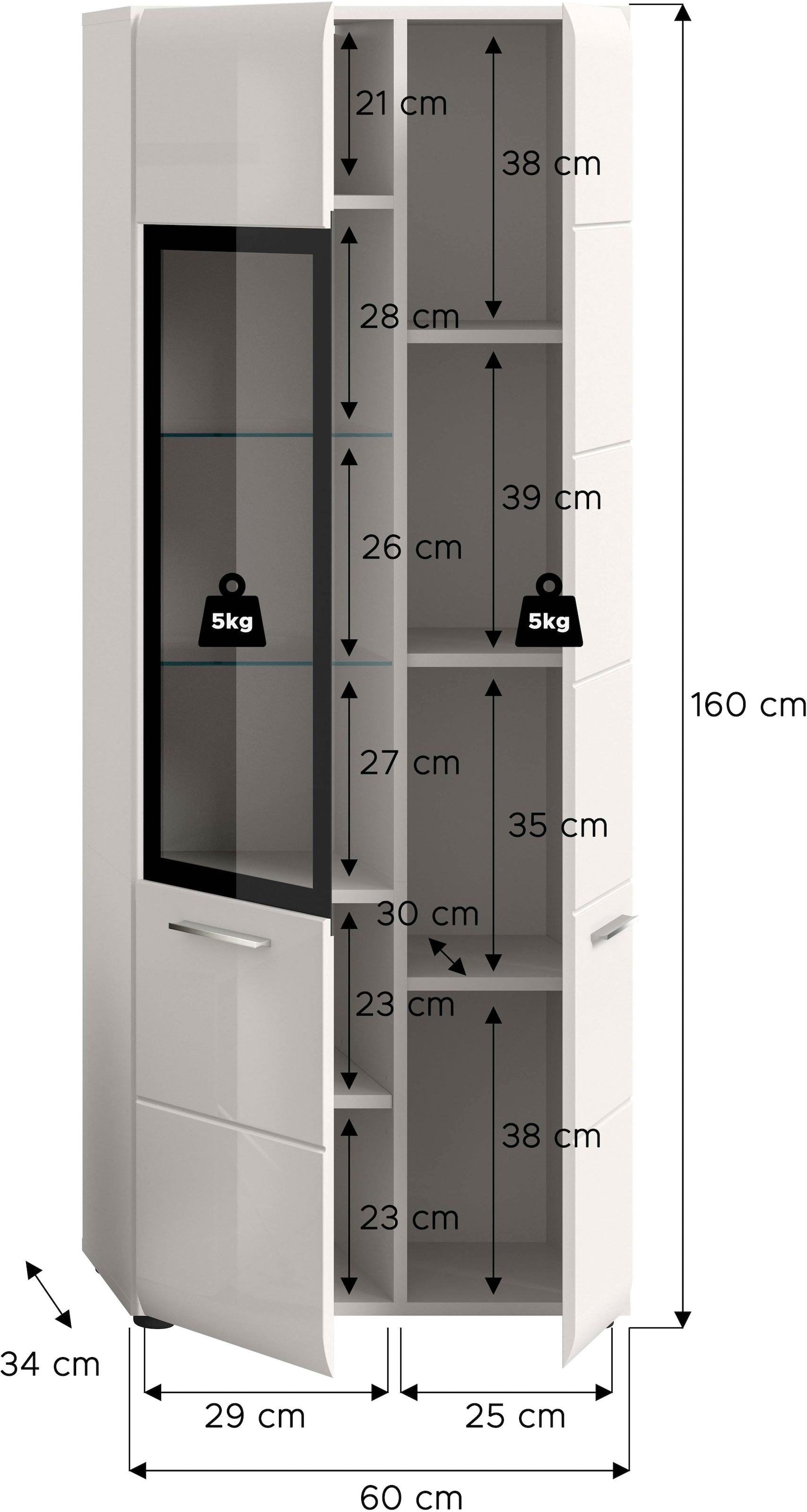 INOSIGN Vitrine »FLORENZ, Höhe: 160 cm, hochwertige MDF-Front, Glastür, Glasböden« 1 Stk. tlg. Vitrine, Vitrine weiss, Vitrinenschrank, Wohnzimmervitrine, Wohnzimmer