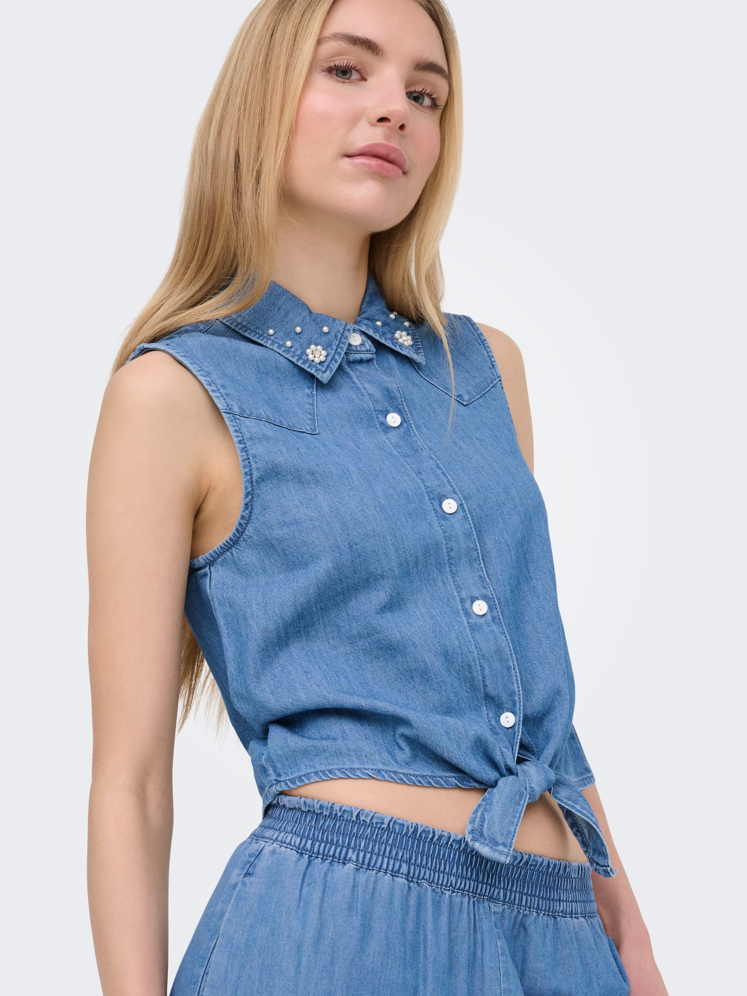 ONLY Blouse en jean »ONLBRIAR S/L PEARL KNOT SHIRT DNM QYT« Coton