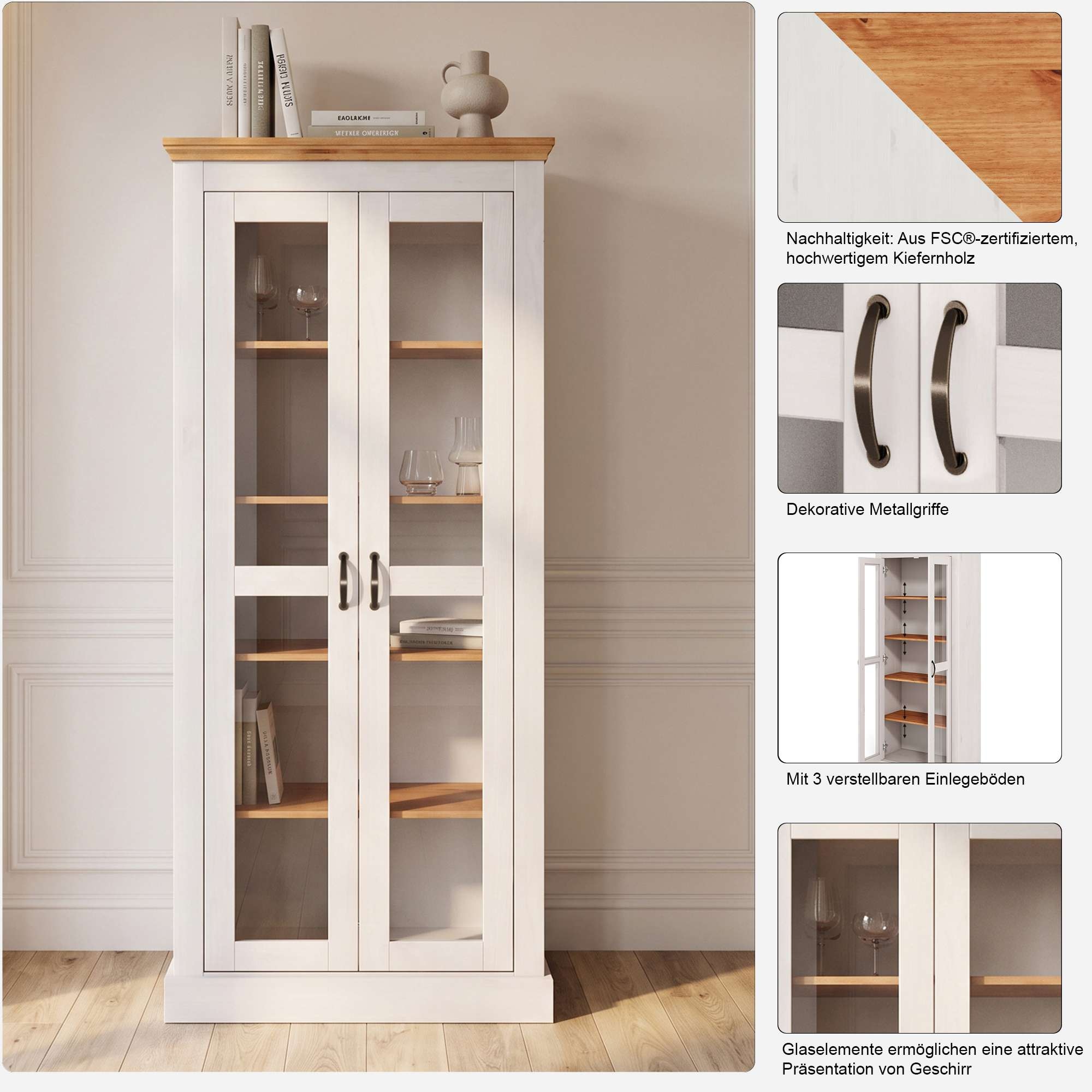 GOODproduct Vitrine »Selma, Hochschrank, Standvitrine, Glasvitrine aus massivem Kiefernholz« FSC®, mit Griffen aus antikisiertem Metall, Höhe 180 cm