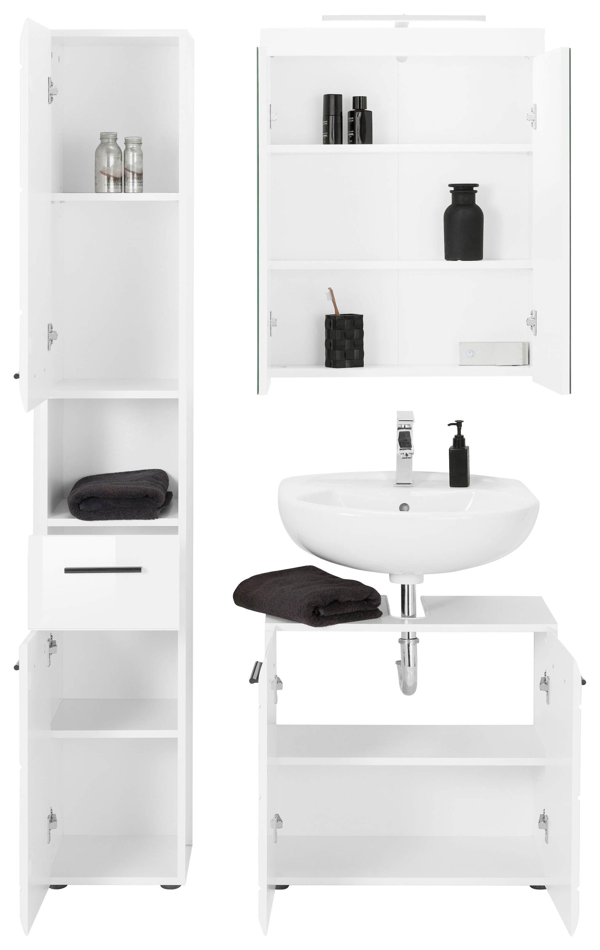 INOSIGN Badmöbel-Set »Sovana«, (Set, 3 St.), Badezimmermöbel - Spiegel mit Beleuchtung, Hochschrank und Waschtisch