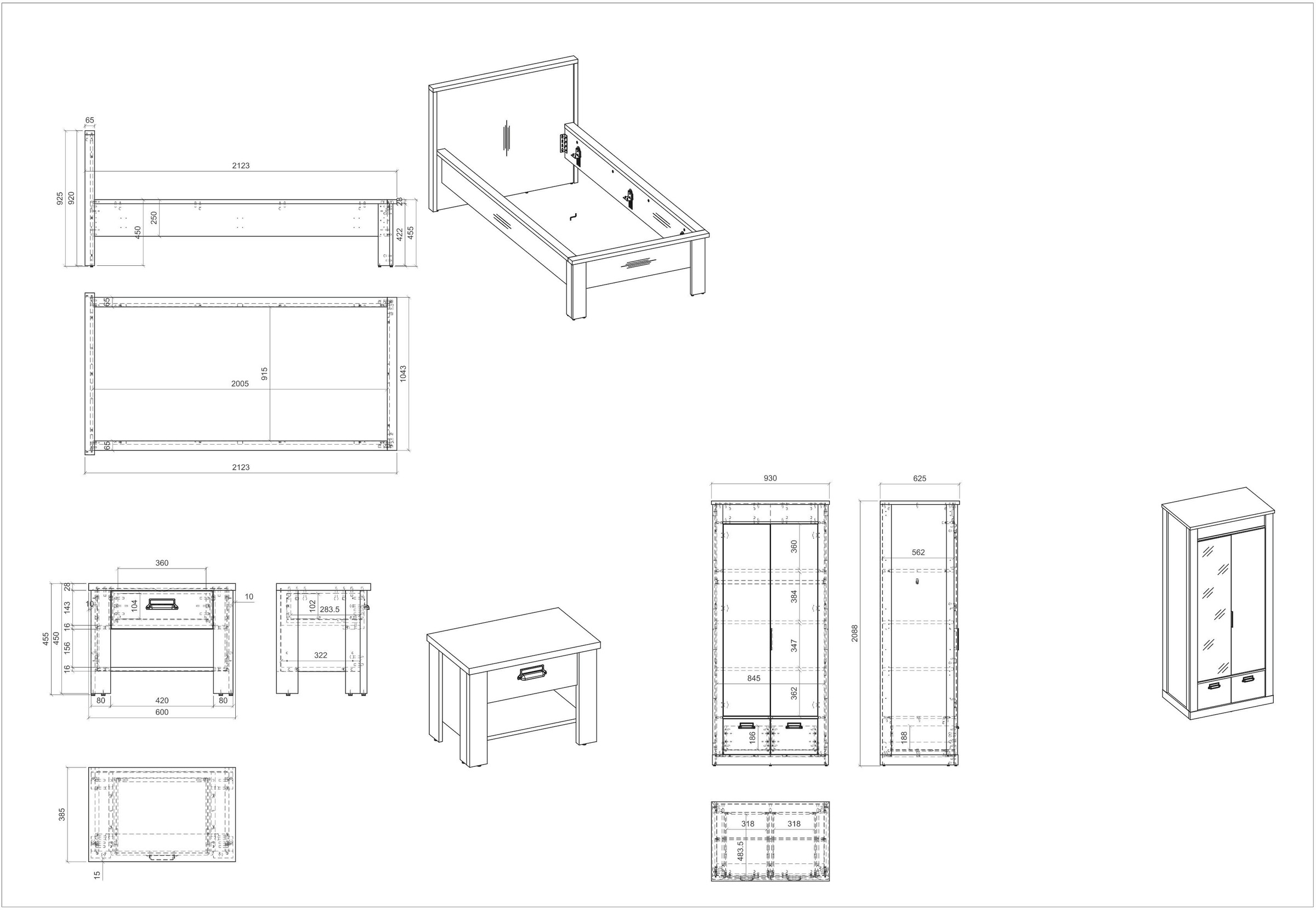 Home affaire Schlafzimmer-Set »SHERWOOD«, (3 tlg.), Liegefläche 90x200cm, Schrank 2-trg. 93cm breit