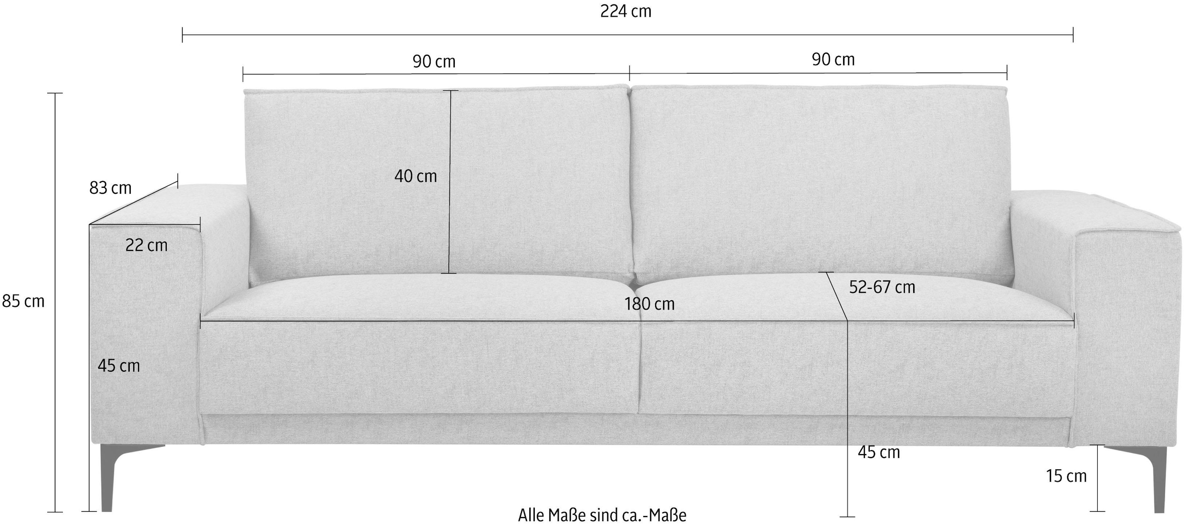 Places of Style 3-Sitzer »3er Sofa Oland, Struktur, Flachgewebe, Luxus-Microfaser, Boucle«, 224 cm, Wellenunterfederung, Skandi-Design, Metallfüsse