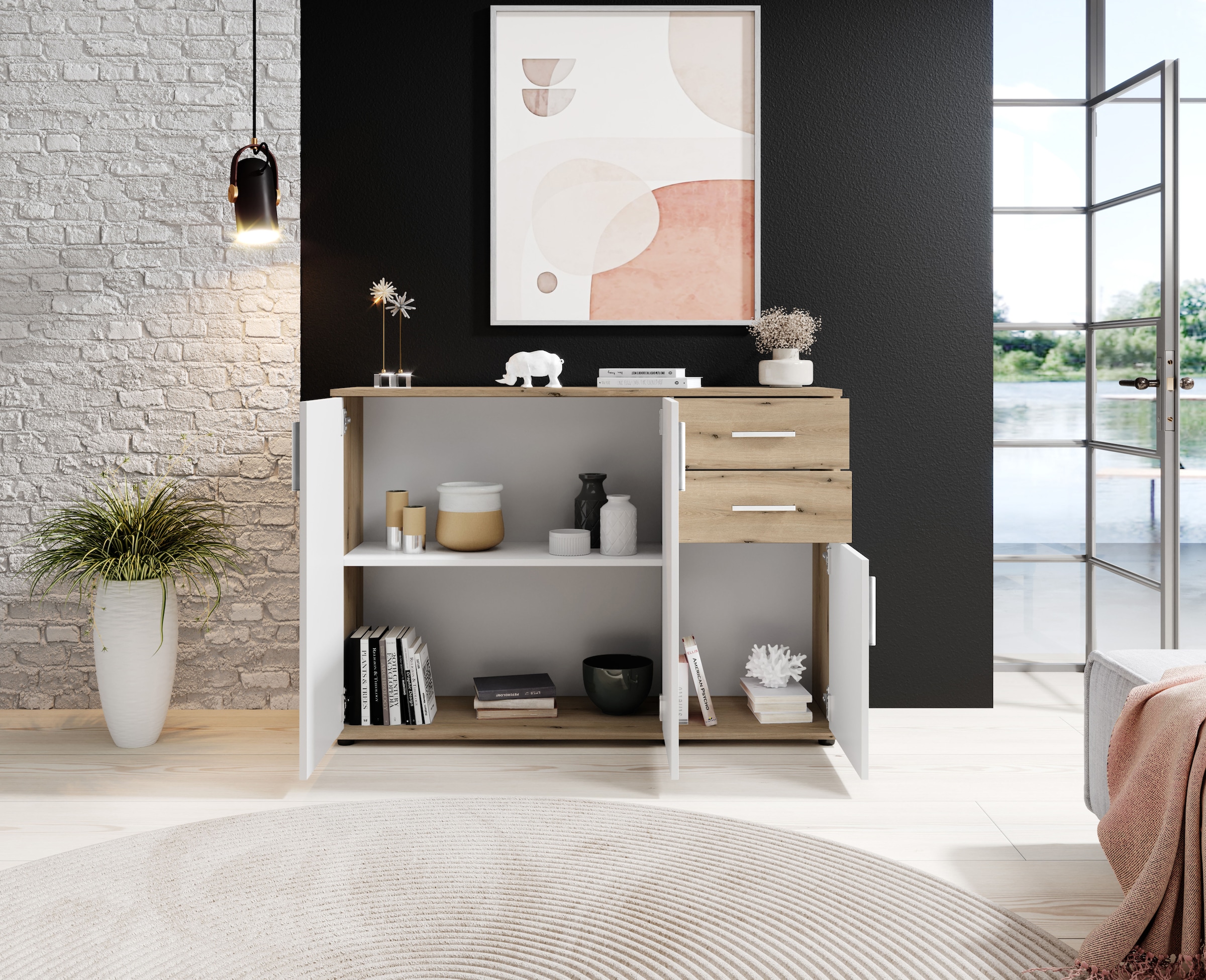 HBZ Kommode »BC-Drift-2, Sideboard Stellmass BxHxT 120x84x35 cm« 1 Stk. tlg. Kommode mit 3 Türen, 2 Schubkästen und 1 Einlegeboden