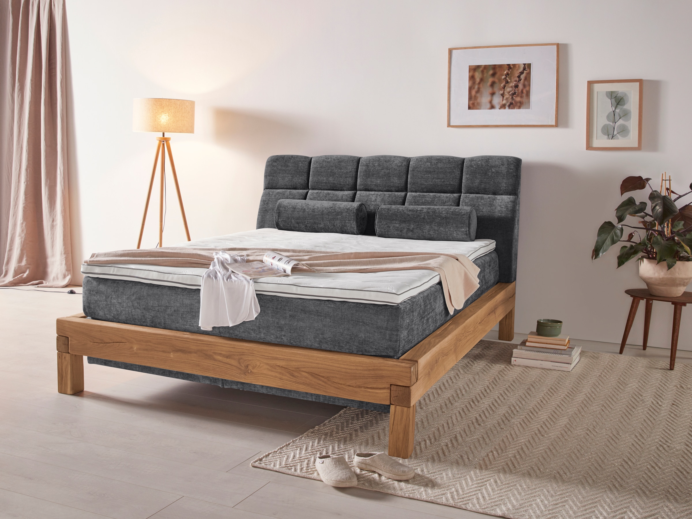 Home affaire Lit boxspring »VILLADS inkl. Taschenfederkernmatratze H2-H4 und Topper« surface de couchage : 160/200 cm en chêne à poutres, structure Inside-Boxspring