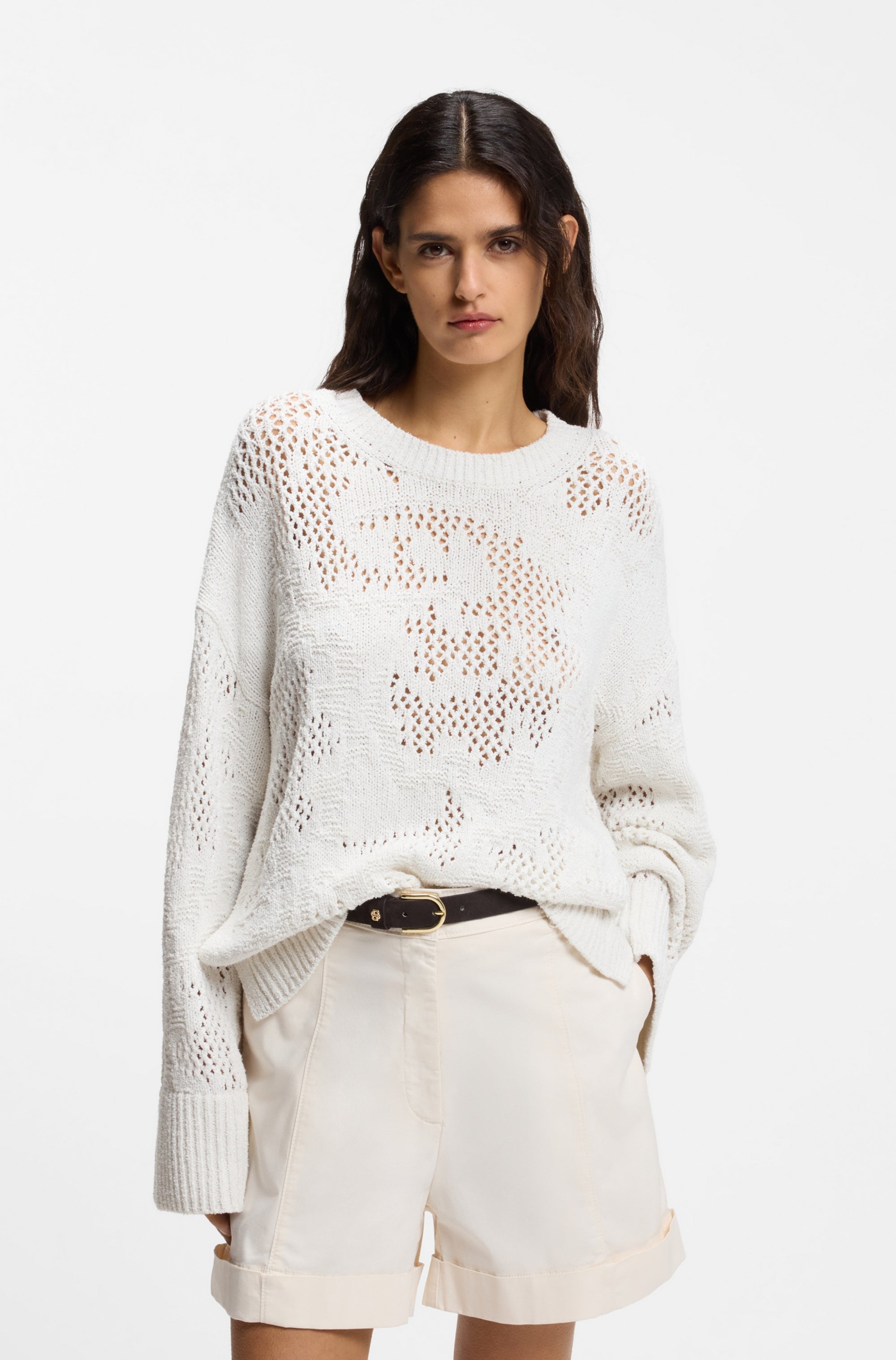 Image of BOSS ORANGE Strickpullover "Foira Premium Damenmode" mit seitlichen Bindedetails, Lochstrickmuster