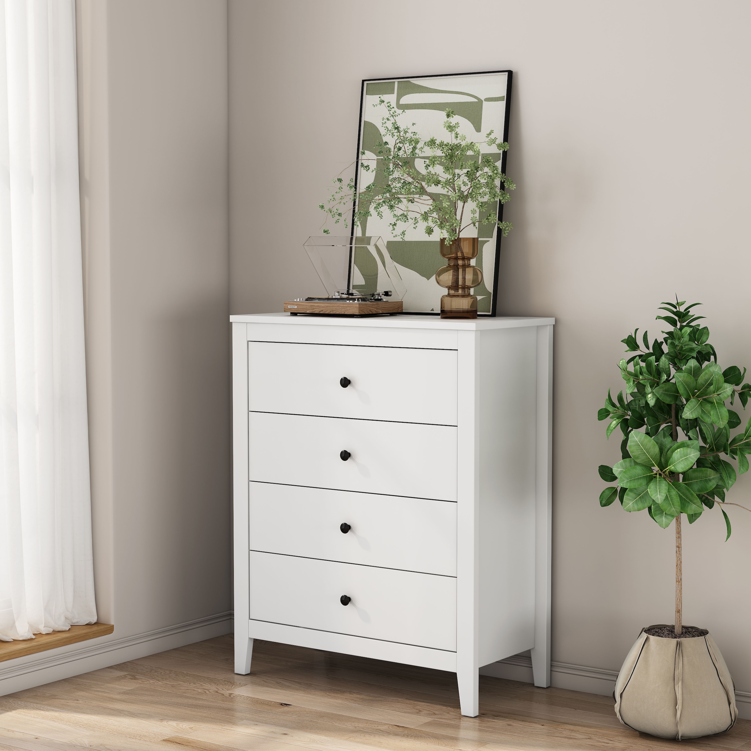 GOODproduct Commode à tiroirs »Borkum Sideboard mit 4 Schubladen Bestseller Landhaus weiss« hochwertige schwarze Griffe aus Metall, 