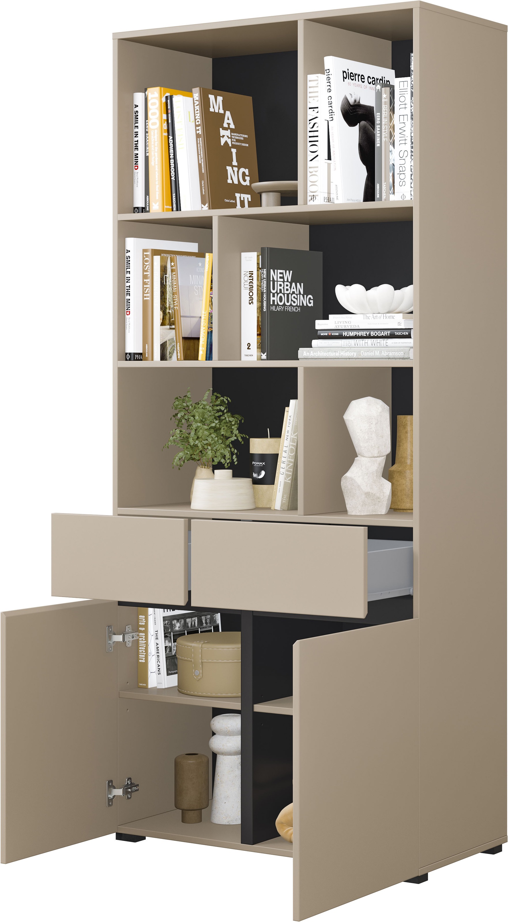 GOODproduct Aktenschrank »Cross, Breite 85 cm, modernem grifflose Standregal, Bücherregal« Standregal mit 6 offene Fächern, 2 Schubladen und 2 Türen, Büroregal