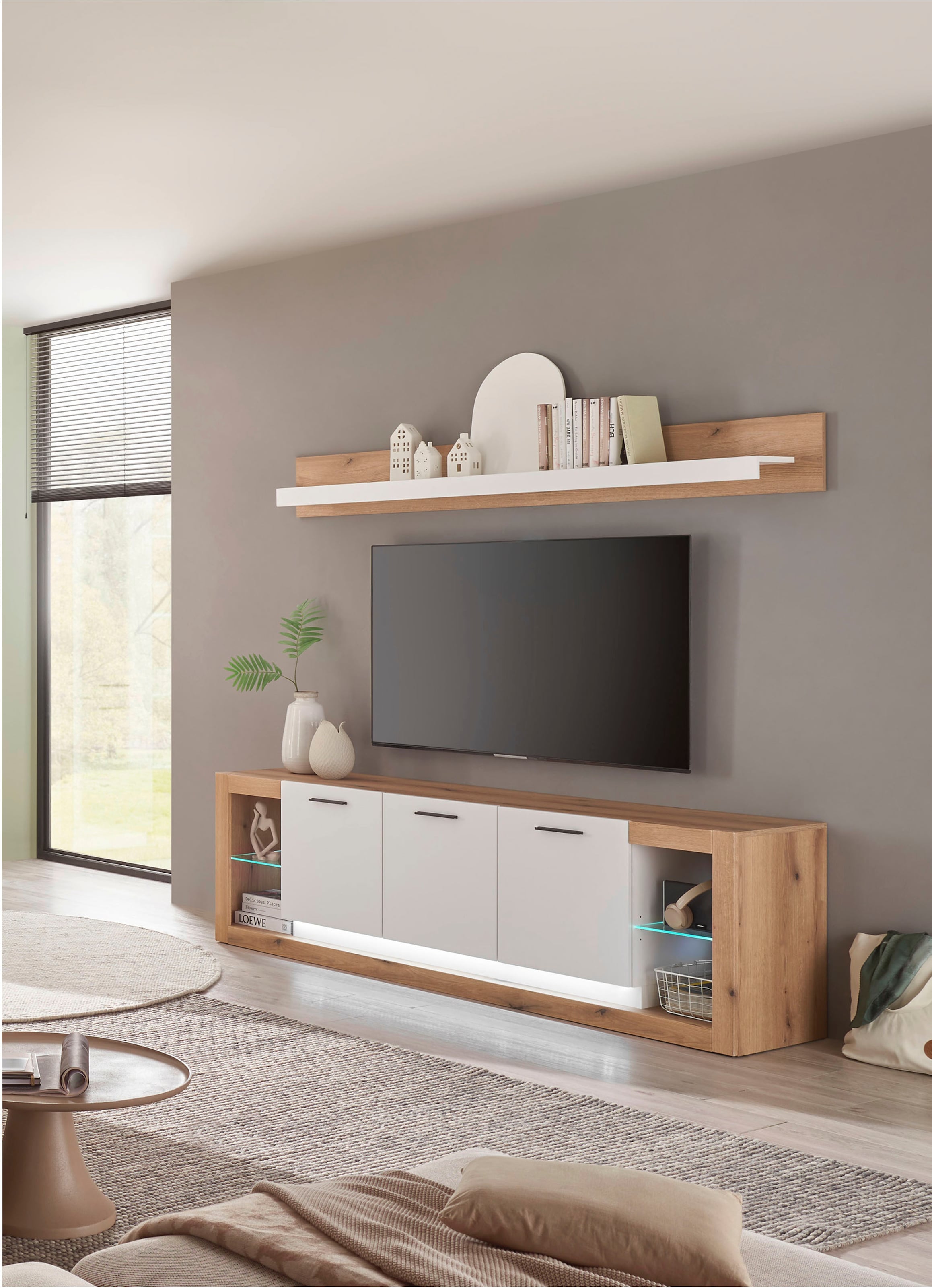 INOSIGN Wohnwand »Brixen, moderne Anbauwand, Wohnzimmer-Set, Eiche Evoke Dekor mit Weiss«, (Set, 2 St.), enthält Lowboard und Wandboard