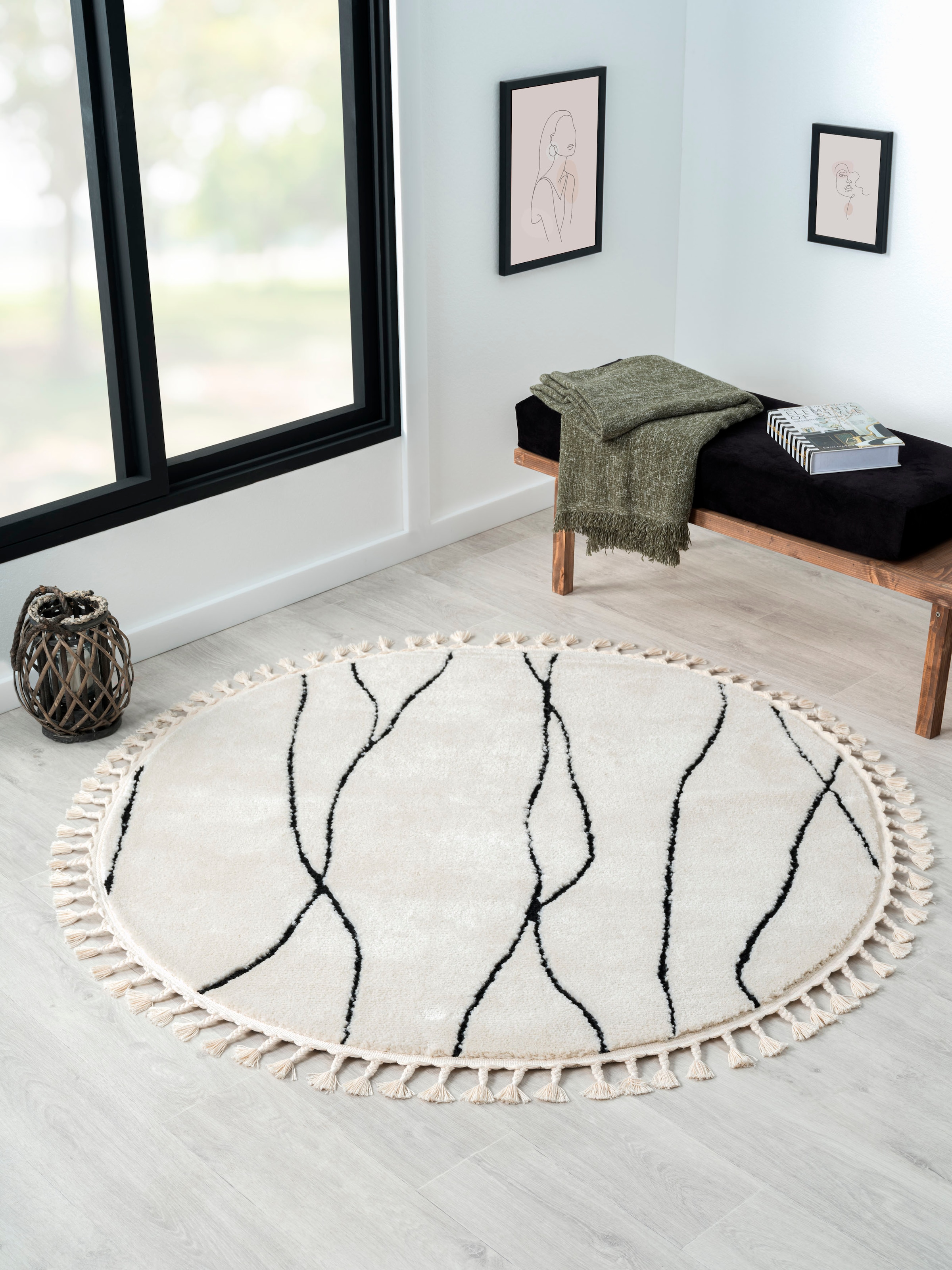 Image of Myflair Möbel & Accessoires Hochflor-Teppich "Moroccan Handwrite" rund 24 mm Höhe modern, marokkanisches Design, flauschig weich, mit Fransen