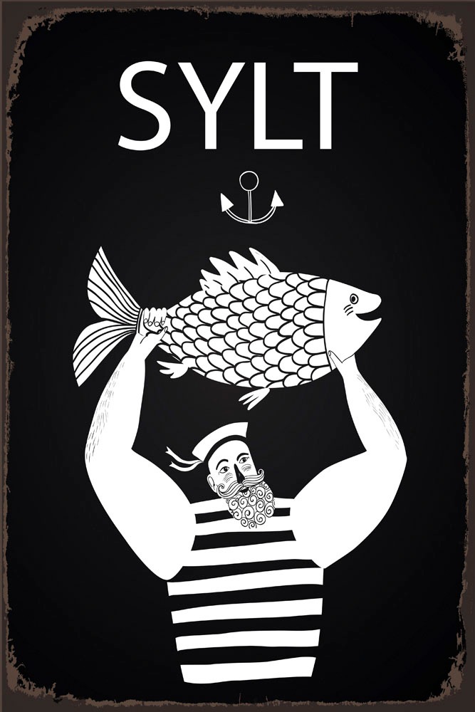 queence Metallbild »Sylter Fisch«, Schriftzüge-Schriftzug-Schwarz-Weiss, (1 St.), Stahlschilder
