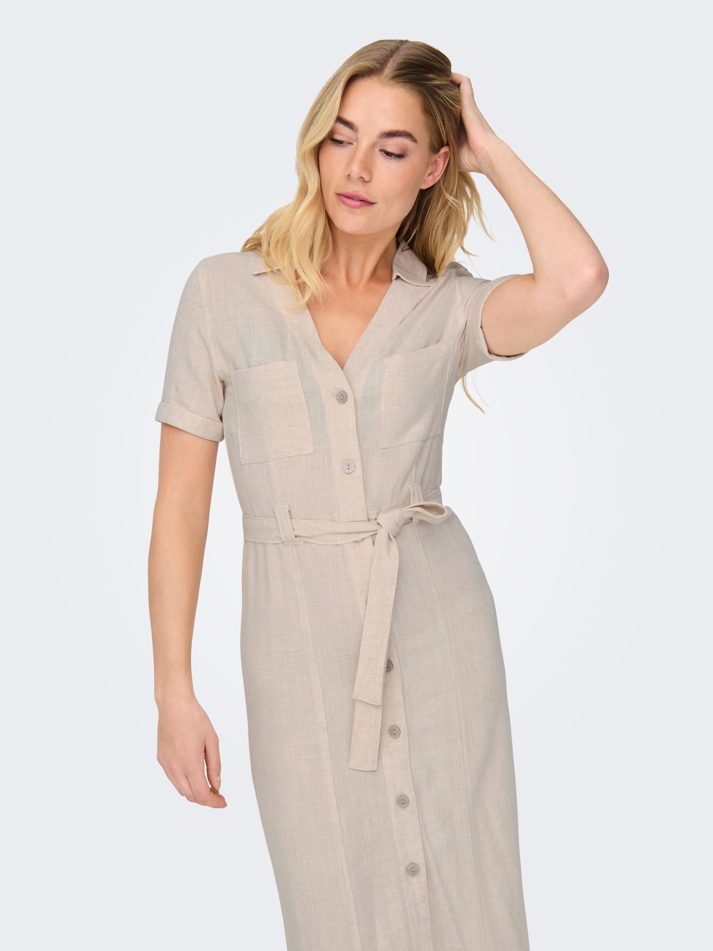 Image of ONLY Hemdblusenkleid "ONLSIESTA SS LIN BL SHIRT DRESS PNT NOOS" Brusttaschen mit Leinen