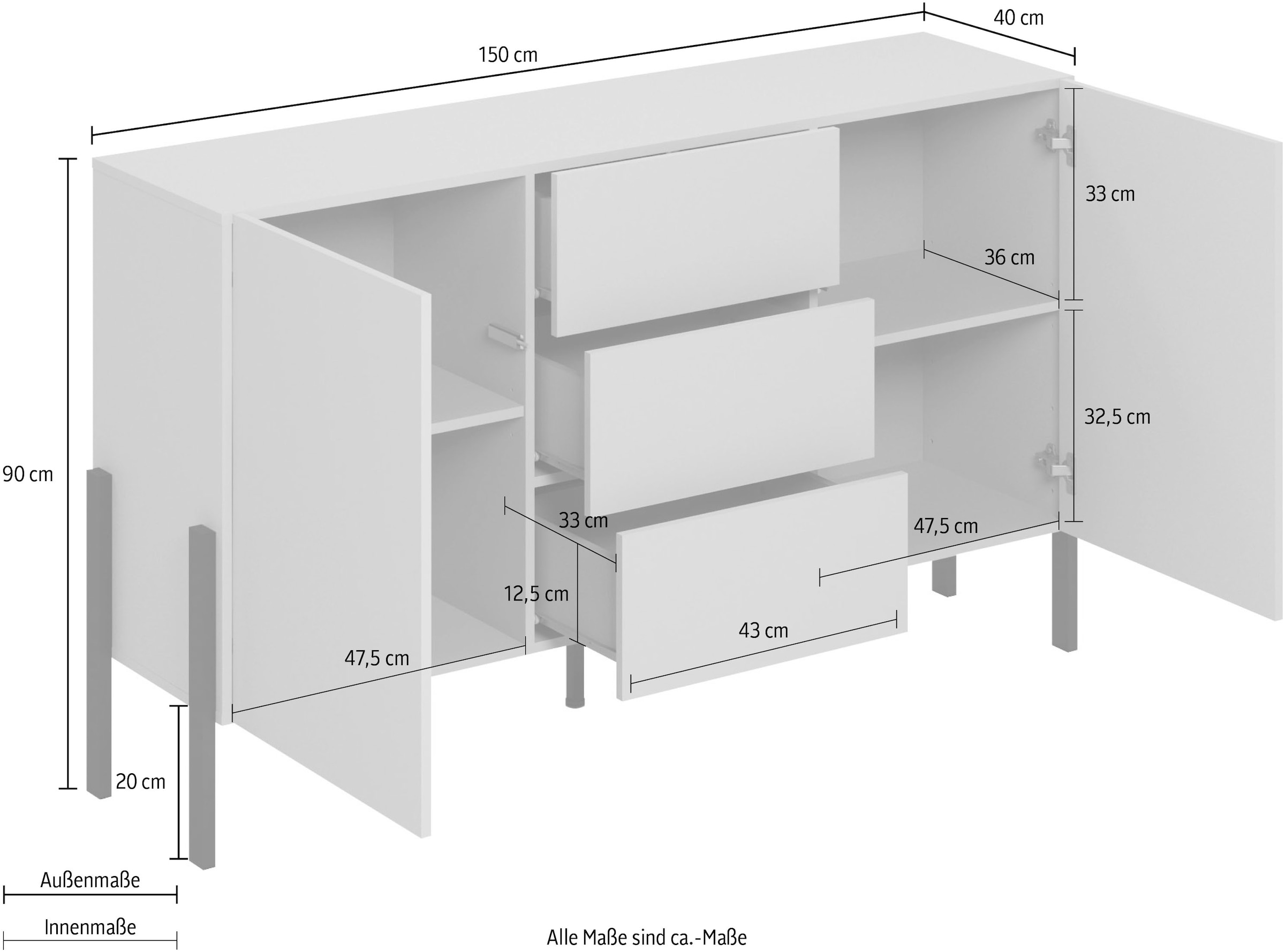 INOSIGN Sideboard »Jukon, Breite 150 bzw.180 cm, moderne grifflose Kommode«, Schubladenschrank 2 Türen/3 Schubkästen, push-to-open-Funktion