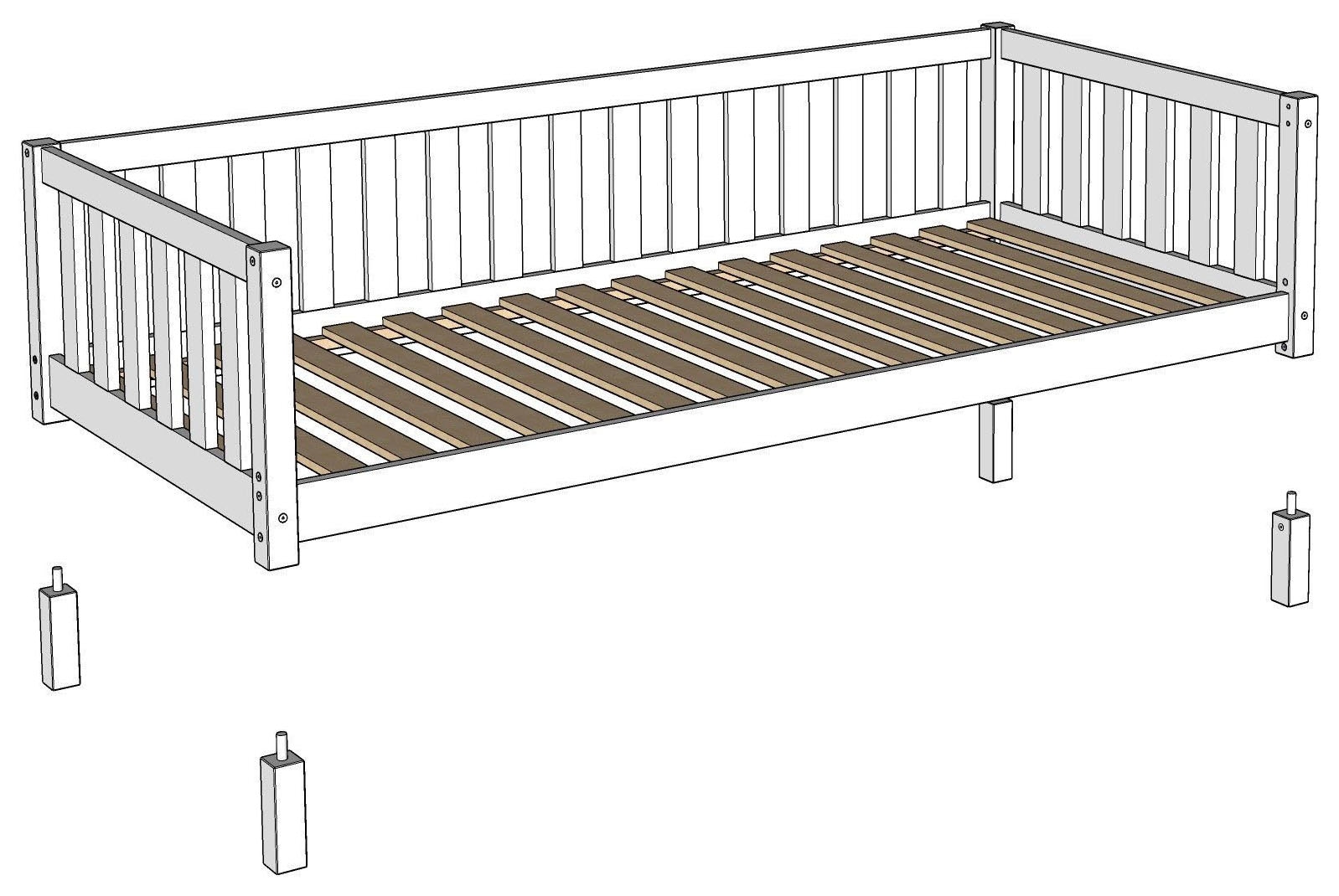 Vipack Lit d'enfant »Dallas, Massivholzbett, umbaubar vom Boden- zum Daybett« Incl. sommier à lattes roulantes et cadre à barreaux, largeur 90 ou 140x200 cm,  construction stable et solide, en pin massif naturel ou blanc au choix